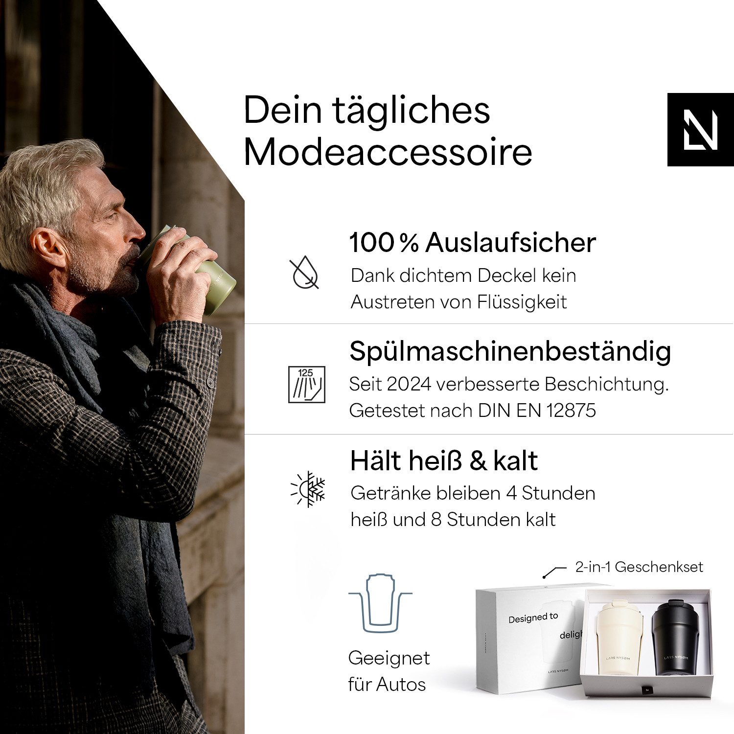 LARS NYSØM Thermobecher Bevægelse, 2-tlg., Hochwertiges Geschenkset mit 2 Kaffeebechern