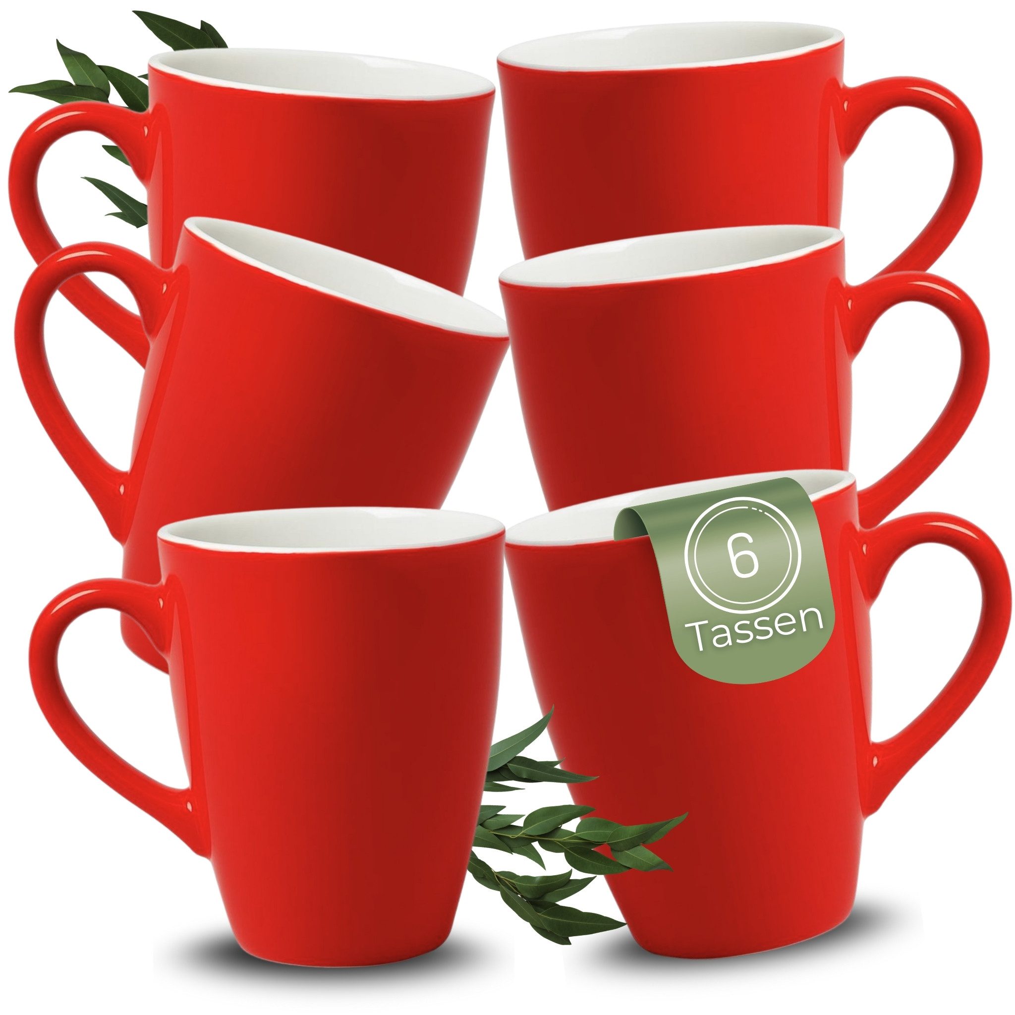 matches21 HOME & HOBBY Tasse Kaffeetassen 6er Set aus Keramik 340ml, Teetassen in Rot, Keramik, Moderne Чашки Spülmaschinenfest & Mikrowellengeeignet