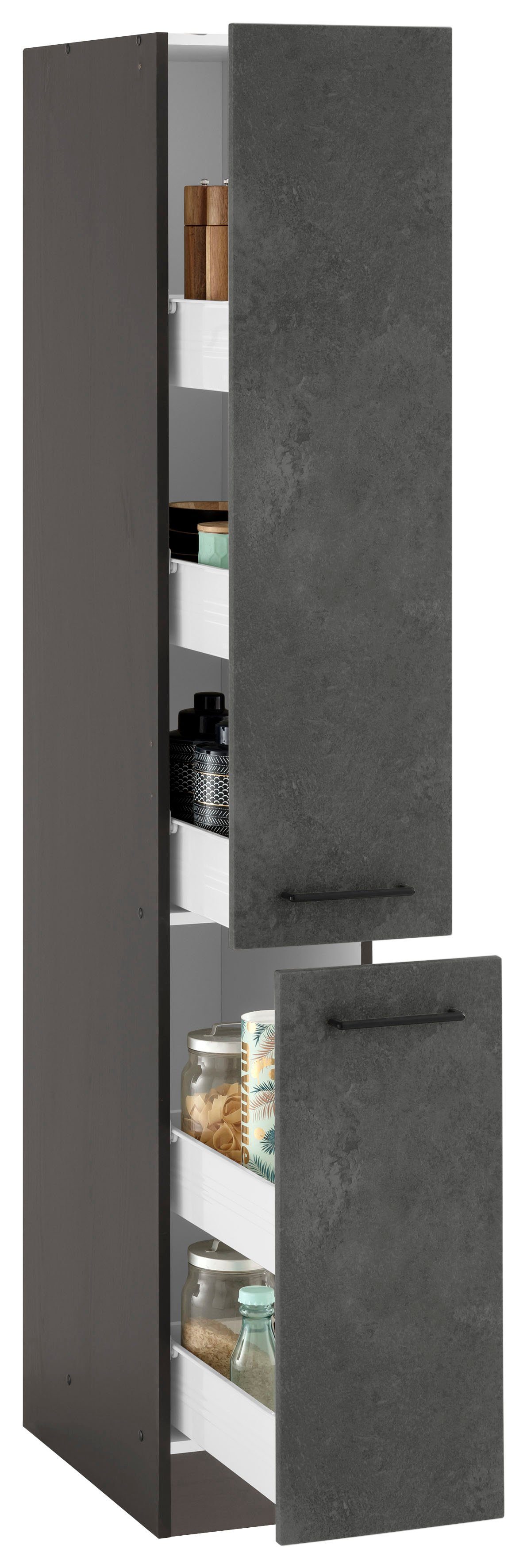 KOCHSTATION Apothekerschrank KS-Tulsa 30 cm breit, 200 cm hoch, mit 2 Auszügen, Metallgriff, MDF Front