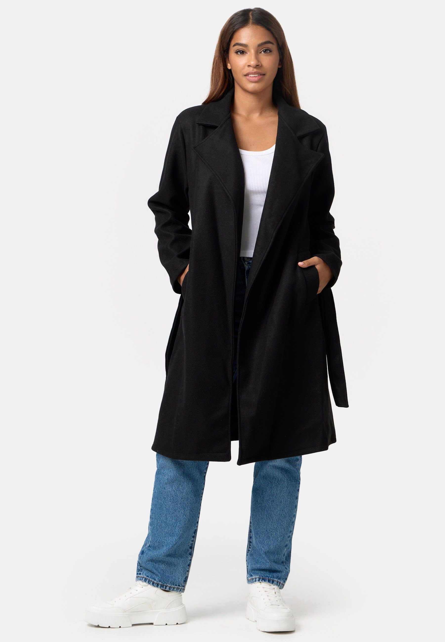 langer Trenchcoat Reverskragen Schwarz Worldclassca TRENCHCOAT mit Gürtel Damen Worldclassca Mantel