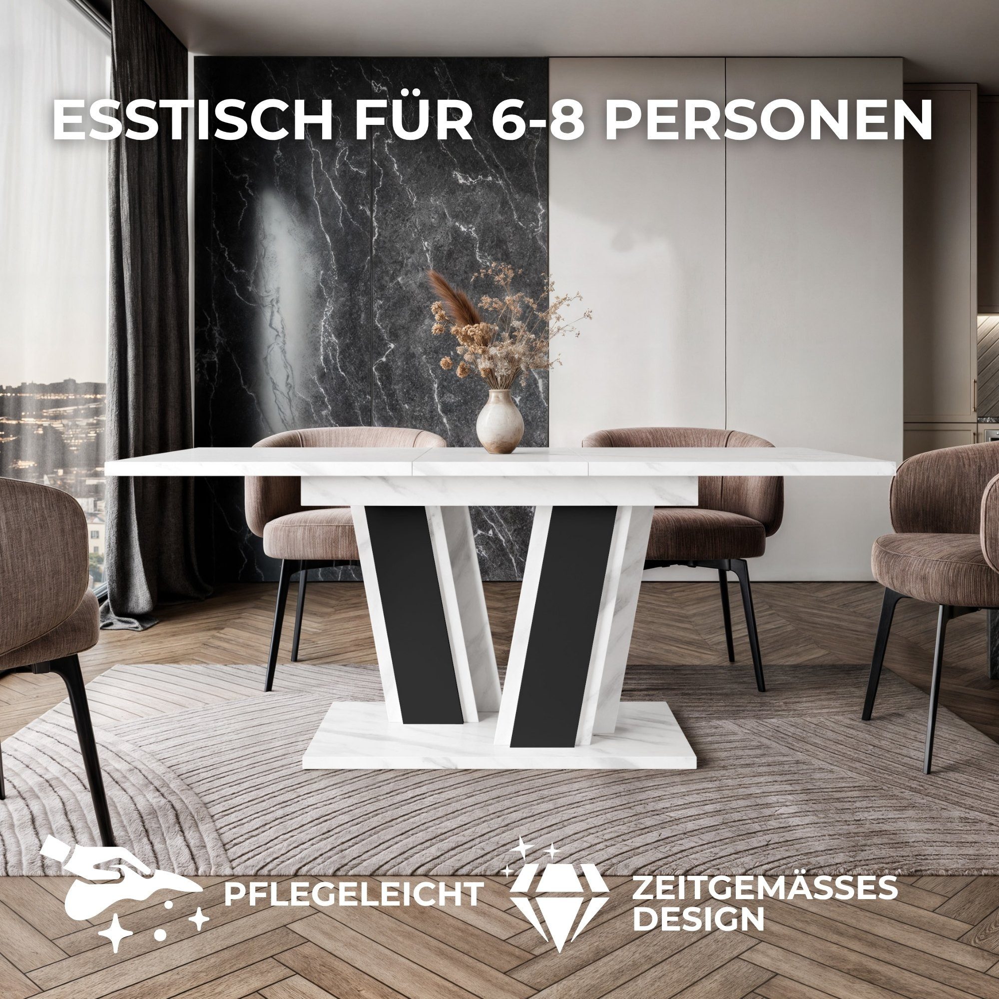 Home Collective Esstisch ausziehbar Tisch Küchentisch Esszimmertisch Ausziehtisch 120 / 140 cm (wählbar in 120-160 oder 140-180 x 80 cm Esszimmer Küche Wohnzimmer Esstisch erweiterbar), modernes Design mit Doppel-Säulengestell Weißer Marmor-Optik