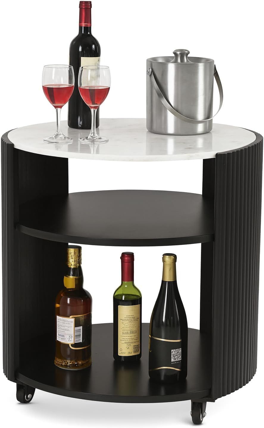 iAnanas Bartisch Holz & Marmor - Luxus Servierwagen & Barwagen - Weinregal, Rollbarer Bartisch mit Marmorplatte und Stauraum für Weinflaschen