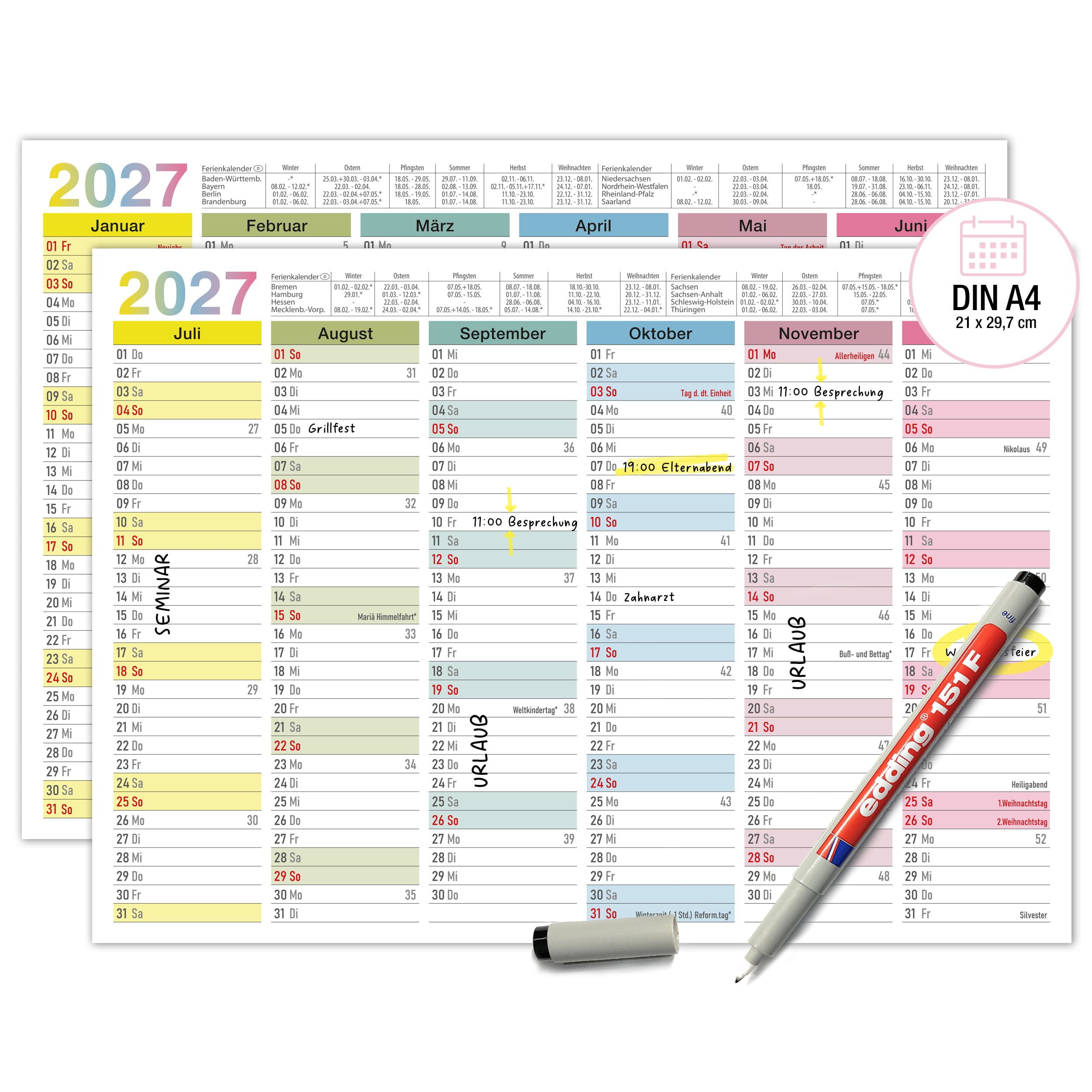 Wandkalender Abwischbarer Wandkalender 2027 A4 Bunt - Tafelkalender inkl. 1 Stift