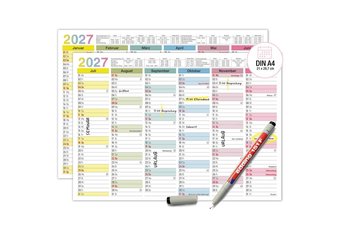 TOBJA Wandkalender Abwischbarer Wandkalender 2027 A4 Bunt - Tafelkalender inkl. 1 Stift, abwischbar, jeder Monat eigene Farbe, Ferien & Feiertage, inkl. Stift