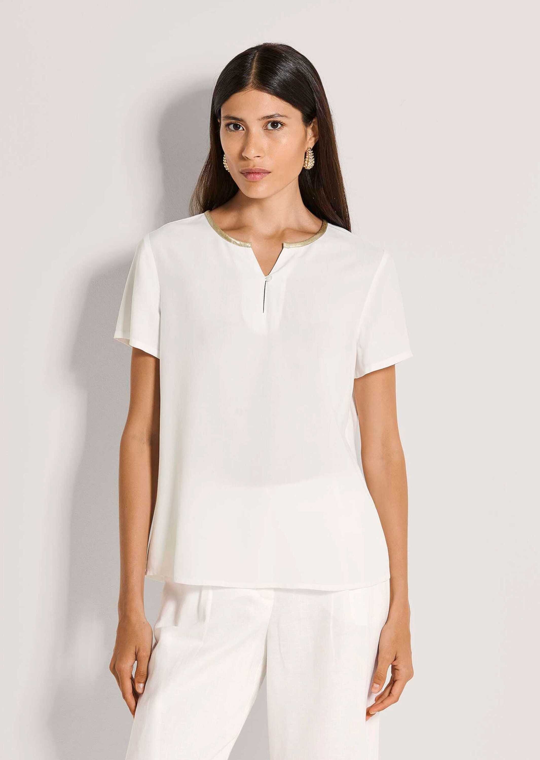 MADELEINE Kurzarmbluse Schlupfbluse mit Kontrastpaspel Viskosebluse mit Halbarm und Rundhals mit V-Schlitz und Knopf