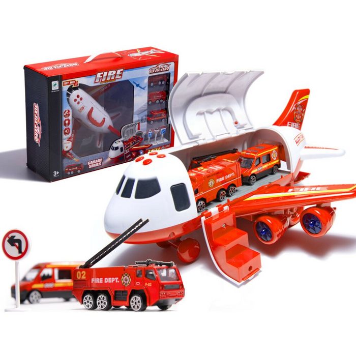 Ikonka Spielzeug-Auto Transportflugzeug + 3 Löschfahrzeuge