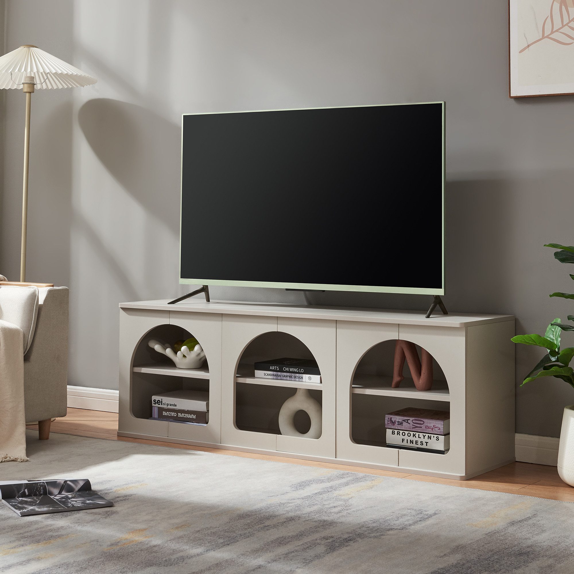en.casa TV-Schrank »Trorhun« mit 6 offenen Fächern 140x38x48 cm Grau