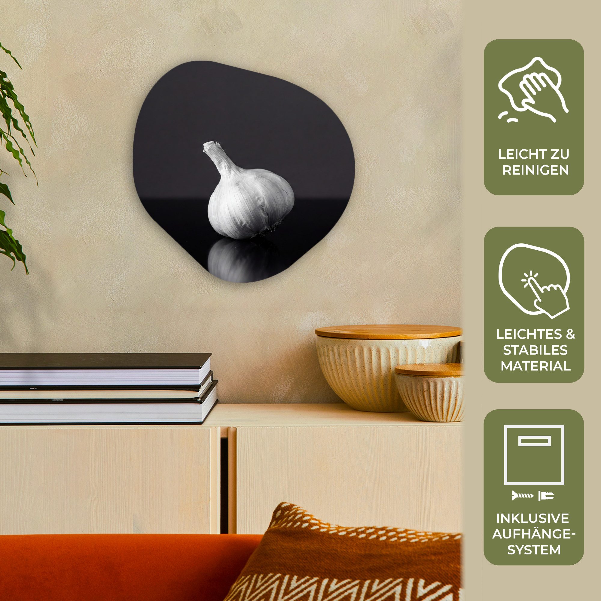 MuchoWow Gemälde Knoblauch - Schwarz - Weiß, Fotodruck (1 St), Wandbild Abstrakt, Wohnzimmer Schlafzimmer Wanddekoration, 40x40 cm