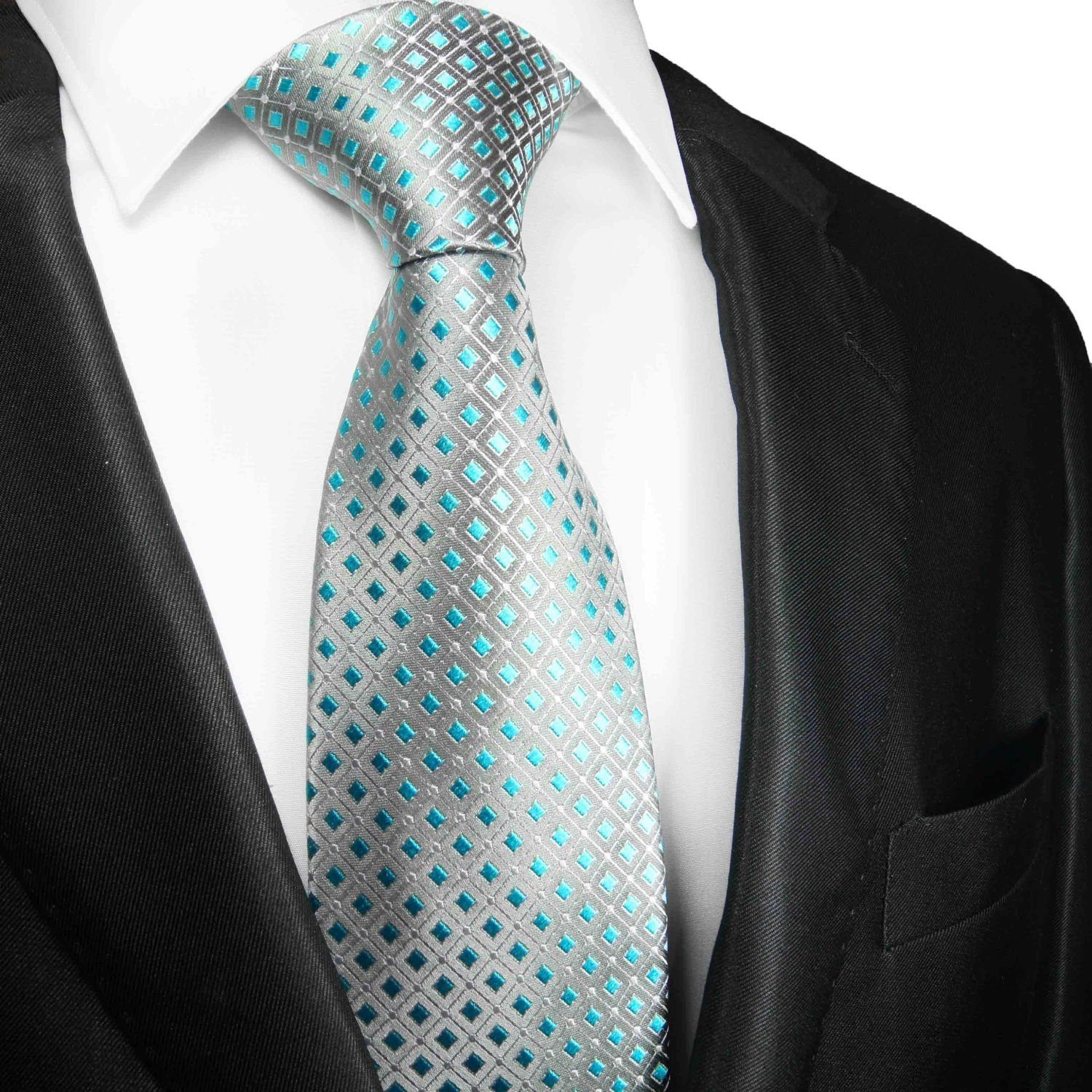 Herren Schmal Seidenkrawatte Krawatte Seide 100% (6cm), türkis Malone 2059 Paul Schlips modern gepunktet Designer silber