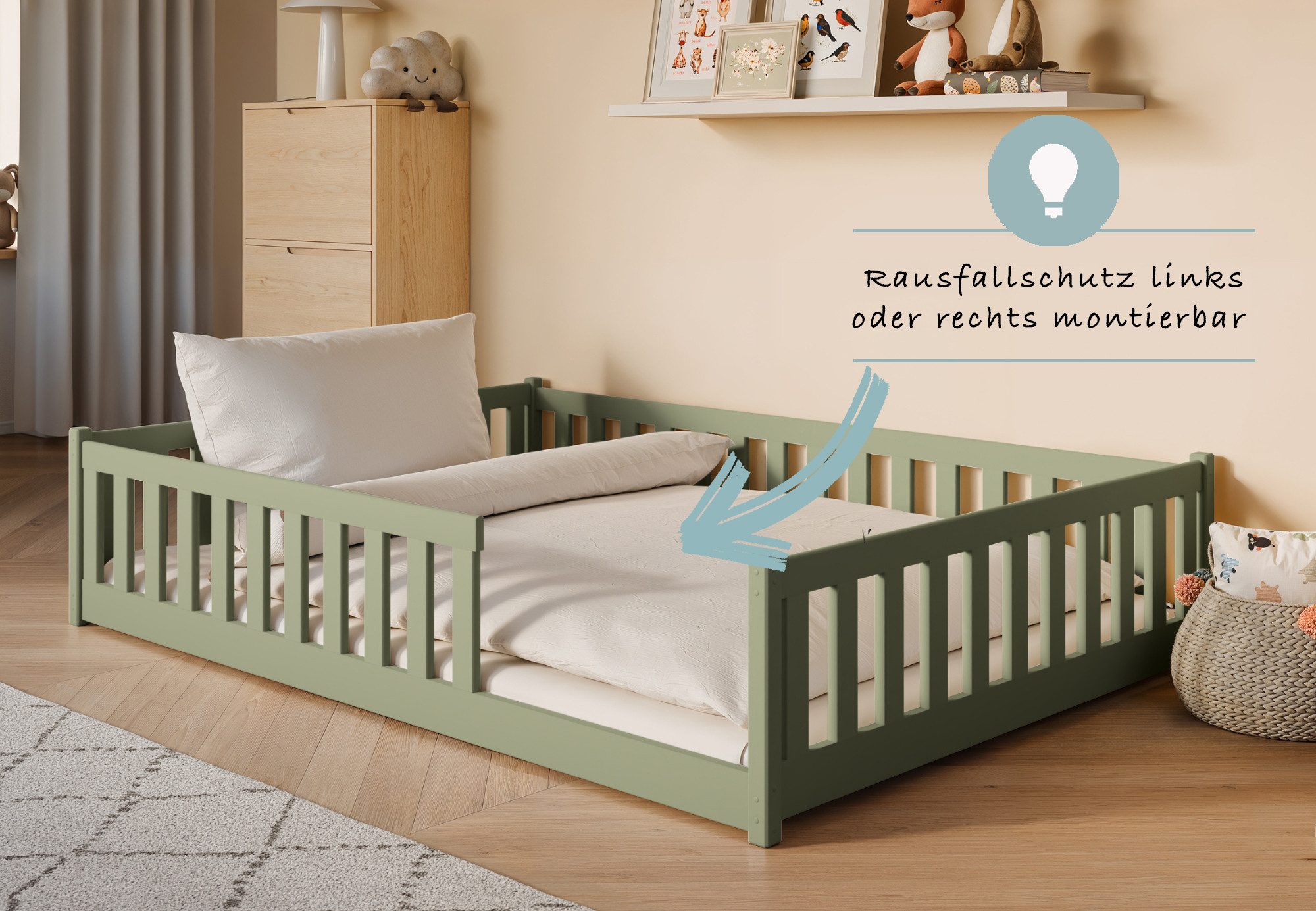 Kids Collective Kinderbett Bodenbett Bett mit Rausfallschutz & Lattenrost Montessori Bett Kinder (weitere Größen 80x160, 80x180, 90x190, 90x200, 120x200 cm), Ju – Bild 4 von 5