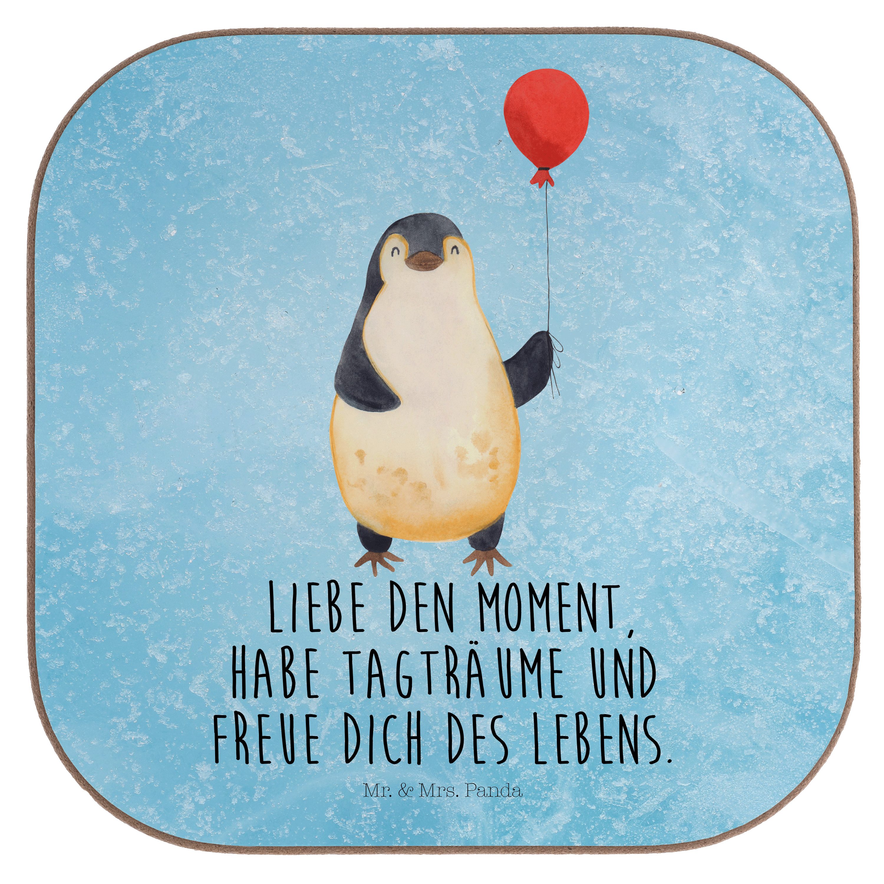 Mr. & Mrs. Panda Getränkeuntersetzer Pinguin Luftballon - Eisblau - Geschenk, neues Leben, Motivation, Jah, 1-tlg.