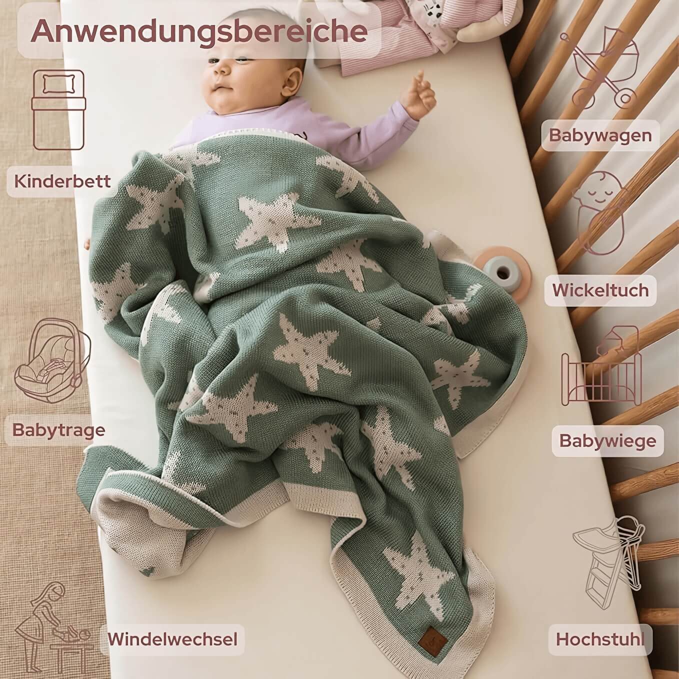 Babydecke Baby Strickdecke, Babydecke, Weich & Atmungsaktiv, 80x100cm Grü Sterne, Little Dedi
