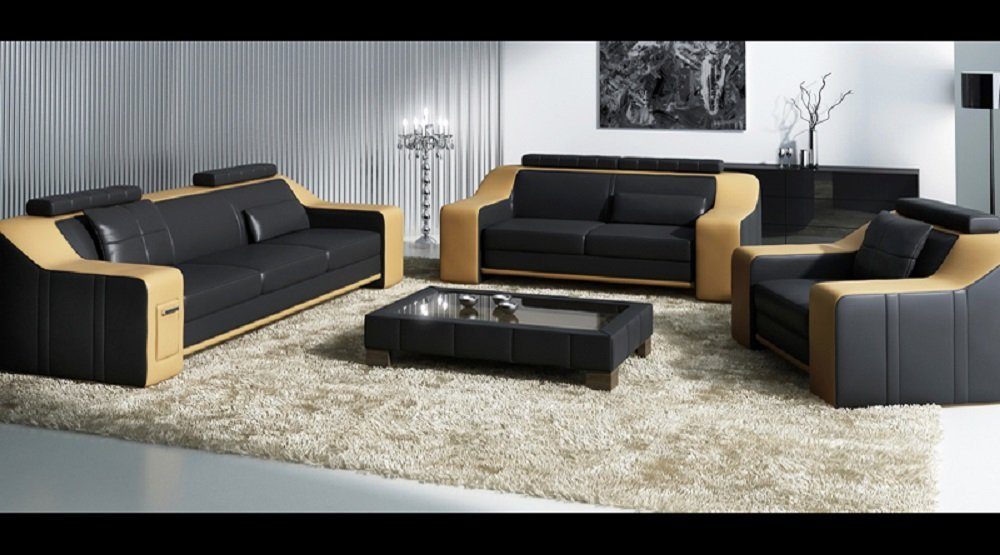 JVmoebel Sofa Ledersofa Couch Sofagarnitur Design Modern Sofa 3+1+1 Sitzer Sofas, Made in Europe Schwarz/Gelb