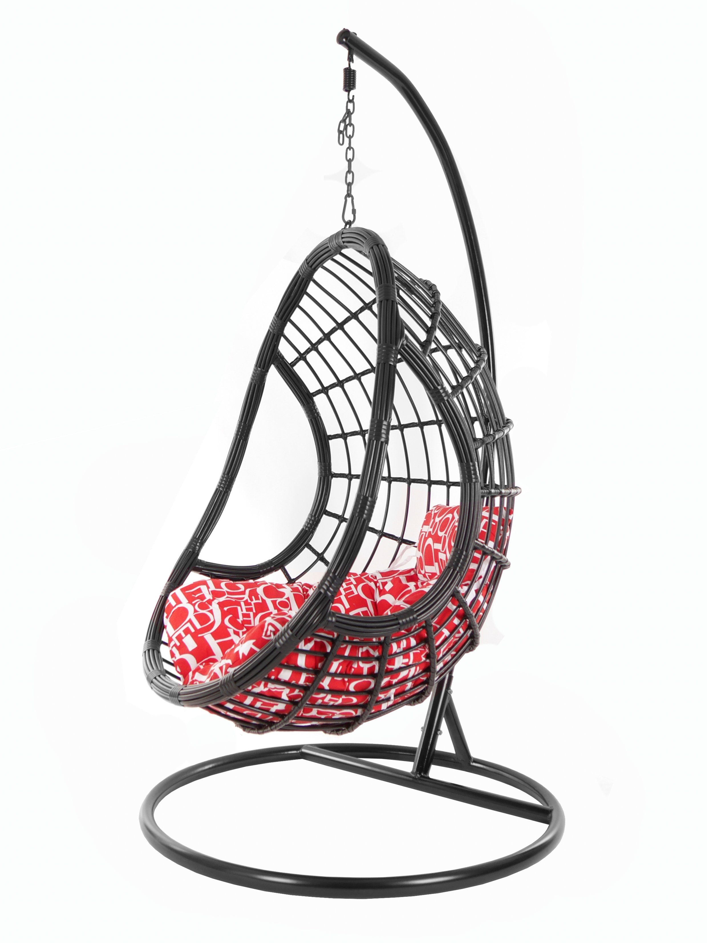 KIDEO Hängesessel PALMANOVA black, Swing Chair, schwarz, Loungemöbel, Hängesessel mit Gestell und Kissen, Schwebesessel, edles Design buchstabenmuster (3100 red letter)