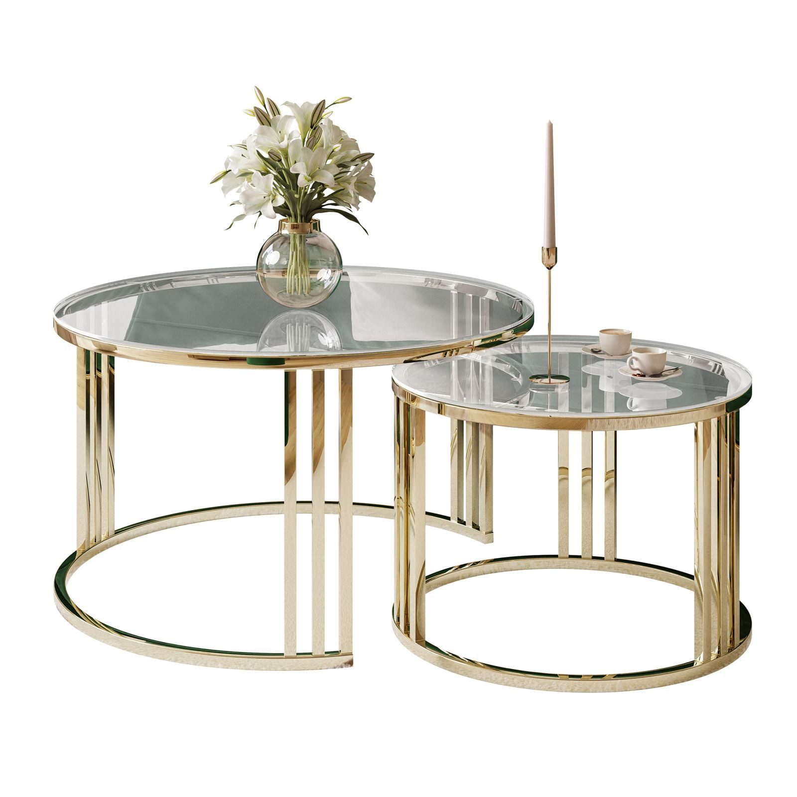 Lookway Couchtisch LORI 2in1 GLASS runder Couchtisch mit gold chrom Gestell (2er Set), Durchmesser: ⌀70 cm und ⌀50 cm