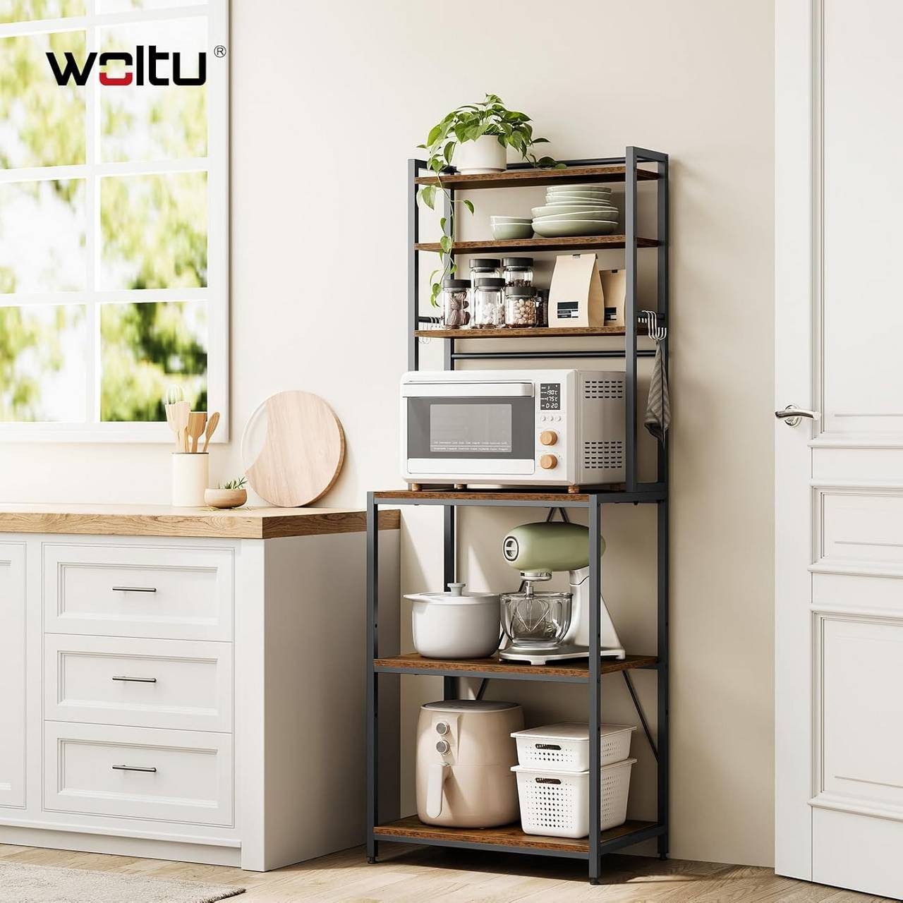 Woltu Küchenregal, 1-tlg., 6 Ablagen, 6 Haken, Metallrahmen, Ingenieurholz günstig online kaufen