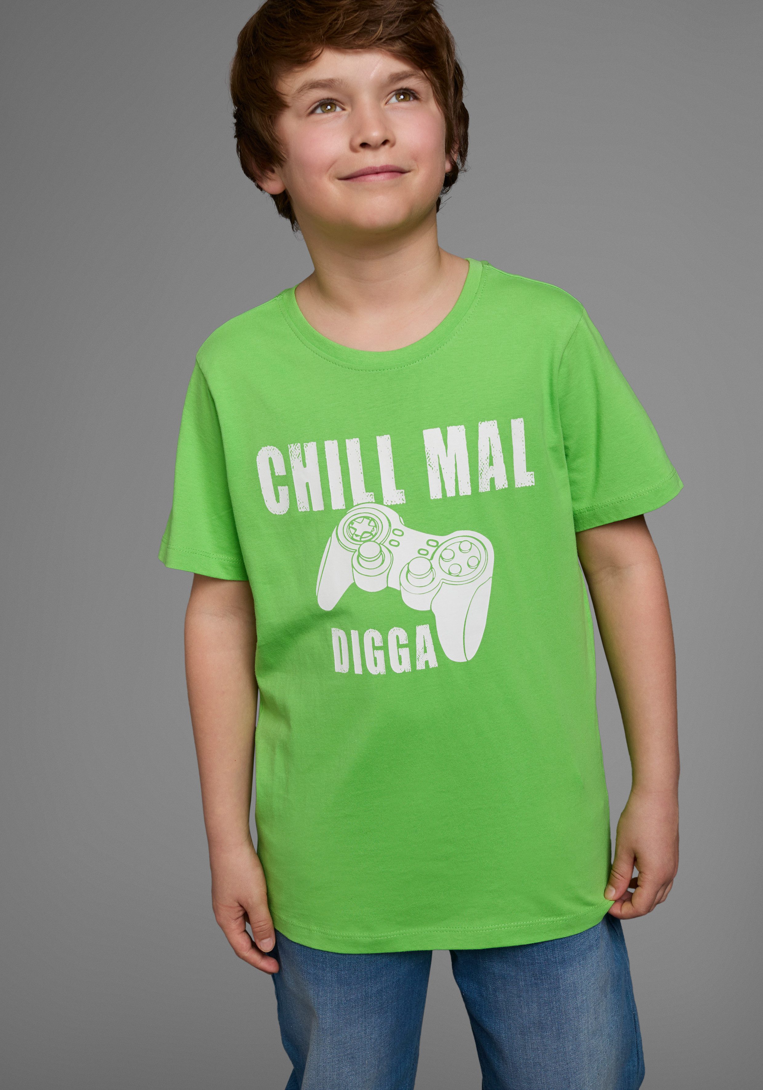 KIDSWORLD T-Shirt Mit Spruch: CHILL MAL Kurzarm, Basic-Stil, mit coolen Schriftzügen, Rundhalsausschnitt