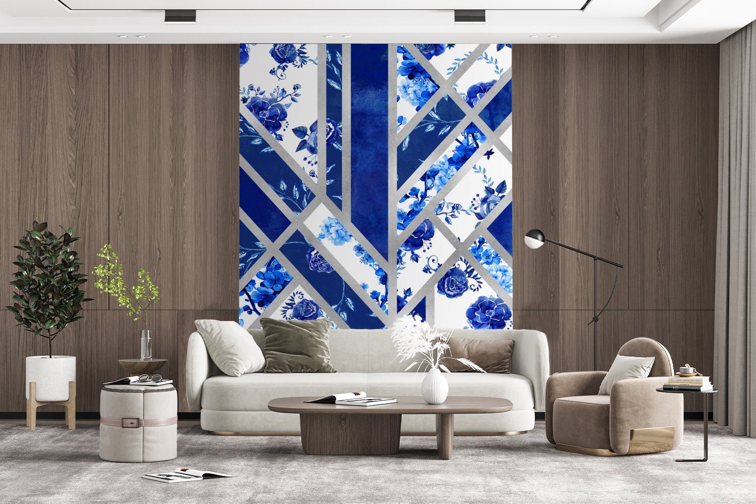 Wandtapete MuchoWow Muster Wohnzimmer, Vinyl Blau bedruckt, Tapete - St), - Luxus, für Fototapete (4 Matt, Delfter Montagefertig