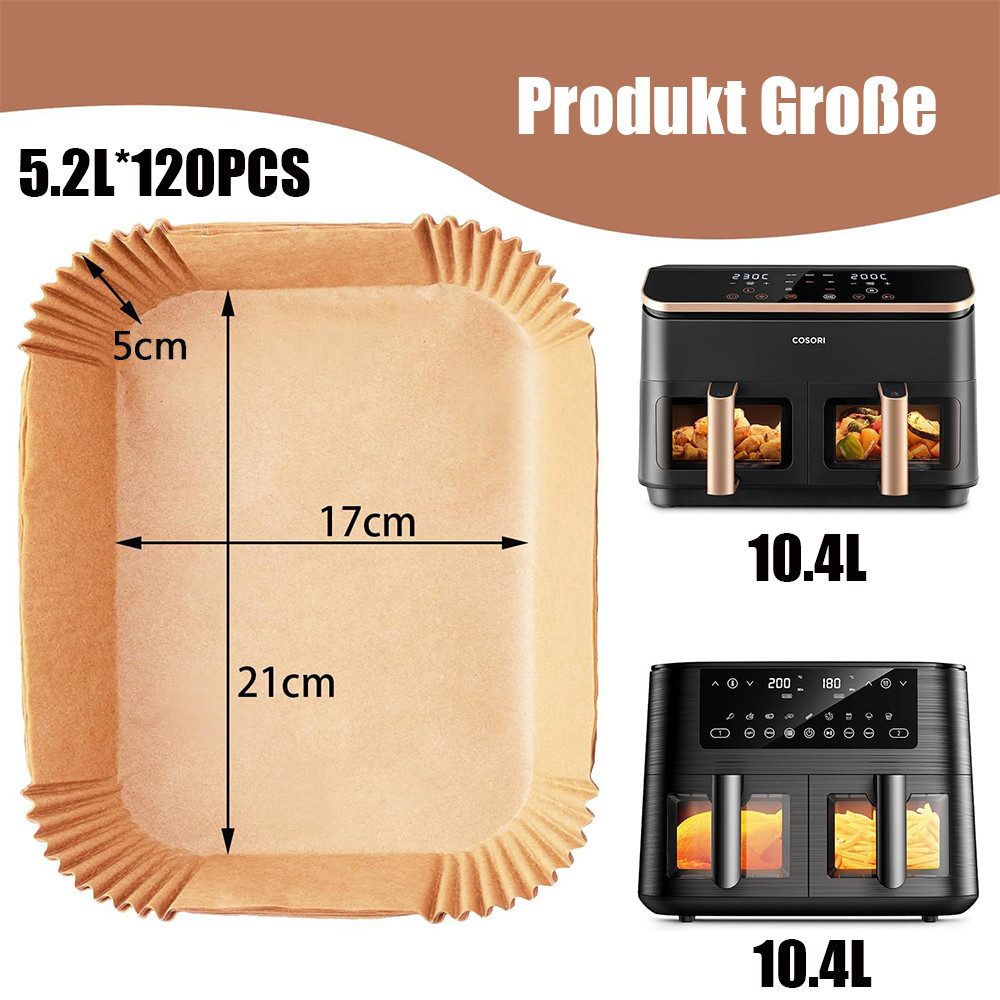 TUWENA Backpapier 120 Stück Airfryer Backpapier, Dual Zone Heißluftfritteuse Zubehör, Airfryer Zubehör Backpapier 5.2L für Heißluftfritteuse Doppel Basket
