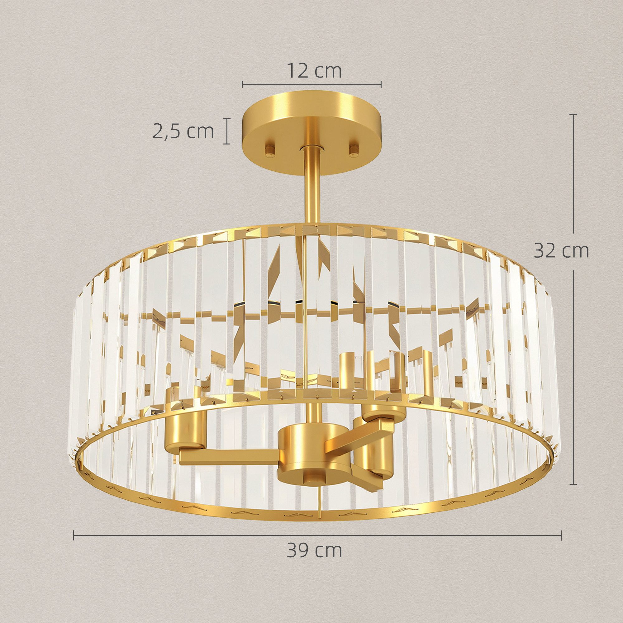 HOMCOM Deckenleuchte Deckenlampe Hängend mit 3 x E14 Fassung, Elegantes Kristalllicht, E14 Glühbirnen, für Schlafzimmer Wohnzimmer Ø39 x 32 cm, exkl. Glühbirne Gold
