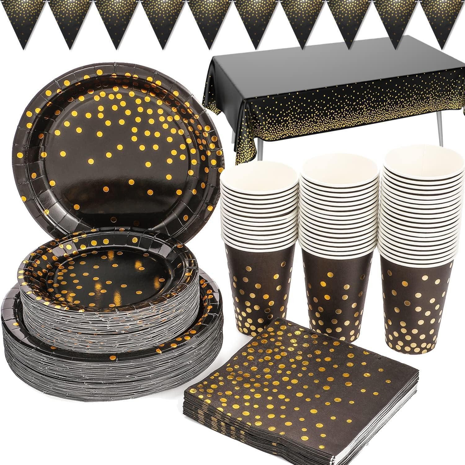 LuxusKollektion Pappteller Partygeschirr 99 Teile Pappteller Servietten Tassen Schwarz Gold