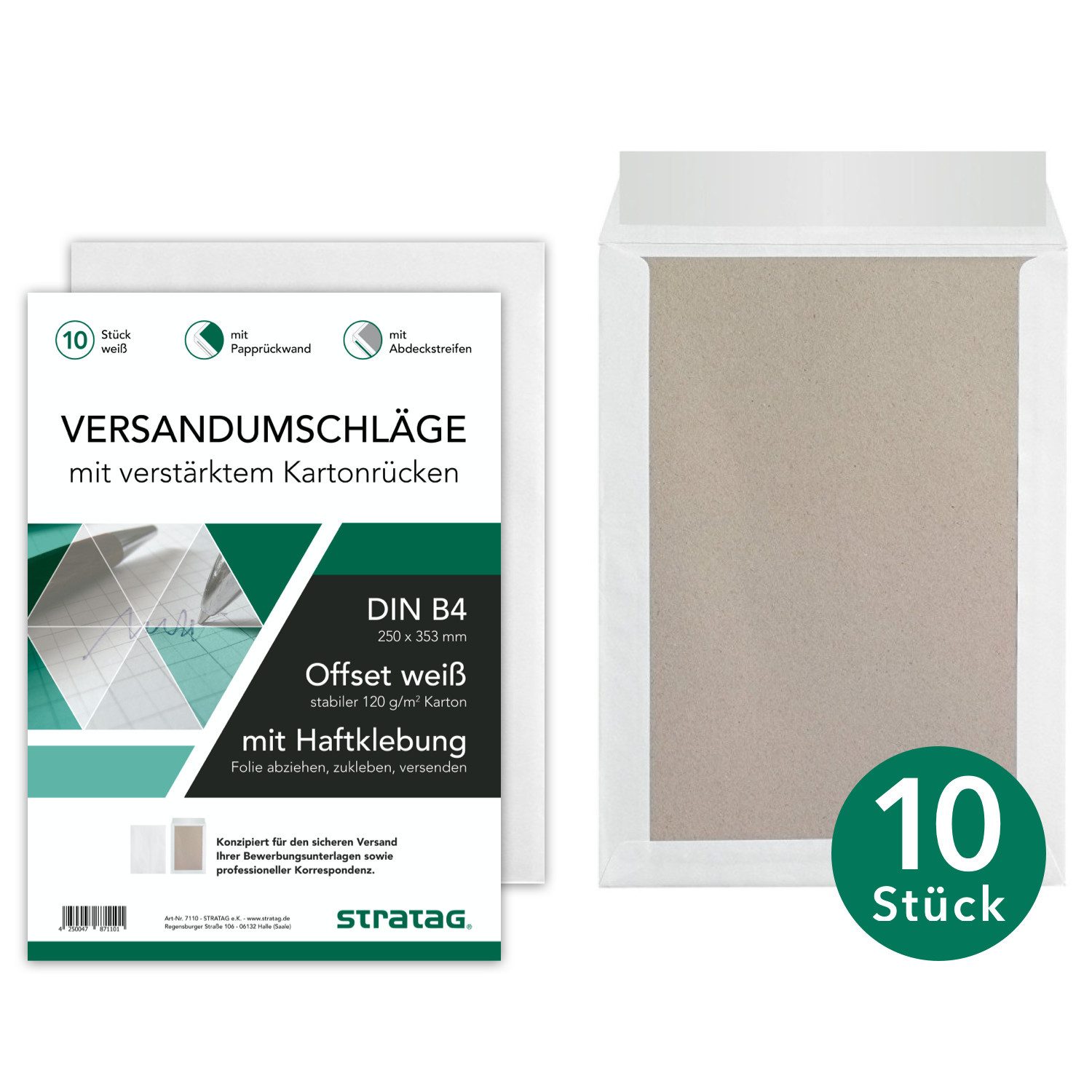 STRATAG Versandtasche Premium Versandtaschen B4 in Weiß, mit Papprückwand, 250 x 353 mm, mit Haftklebung und Abdeckstreifen, für Ihre knickfreien A4-Inhalte