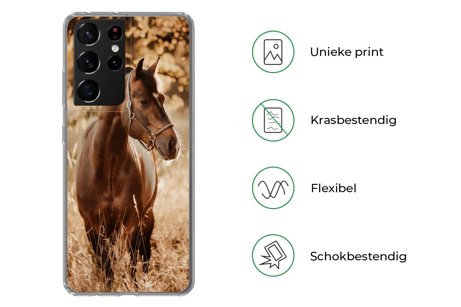 MuchoWow Handyhülle für Samsung Galaxy S21 Ultra Pferd - Sonne - Porträt - Natur - Braun, Phone Case, Silikon, Schutzhülle Dünn