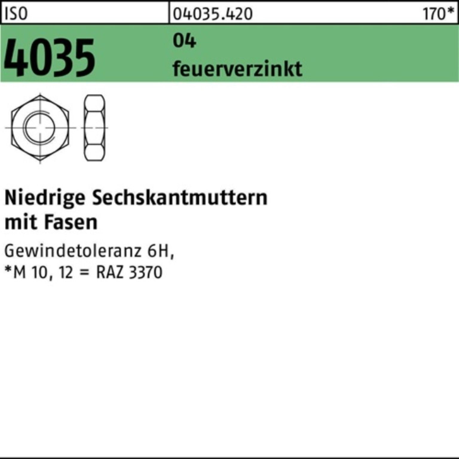 Reyher Muttern 100er Pack niedrig Fasen Sechskantmutter 4035 Automatenstahl M10 ISO f