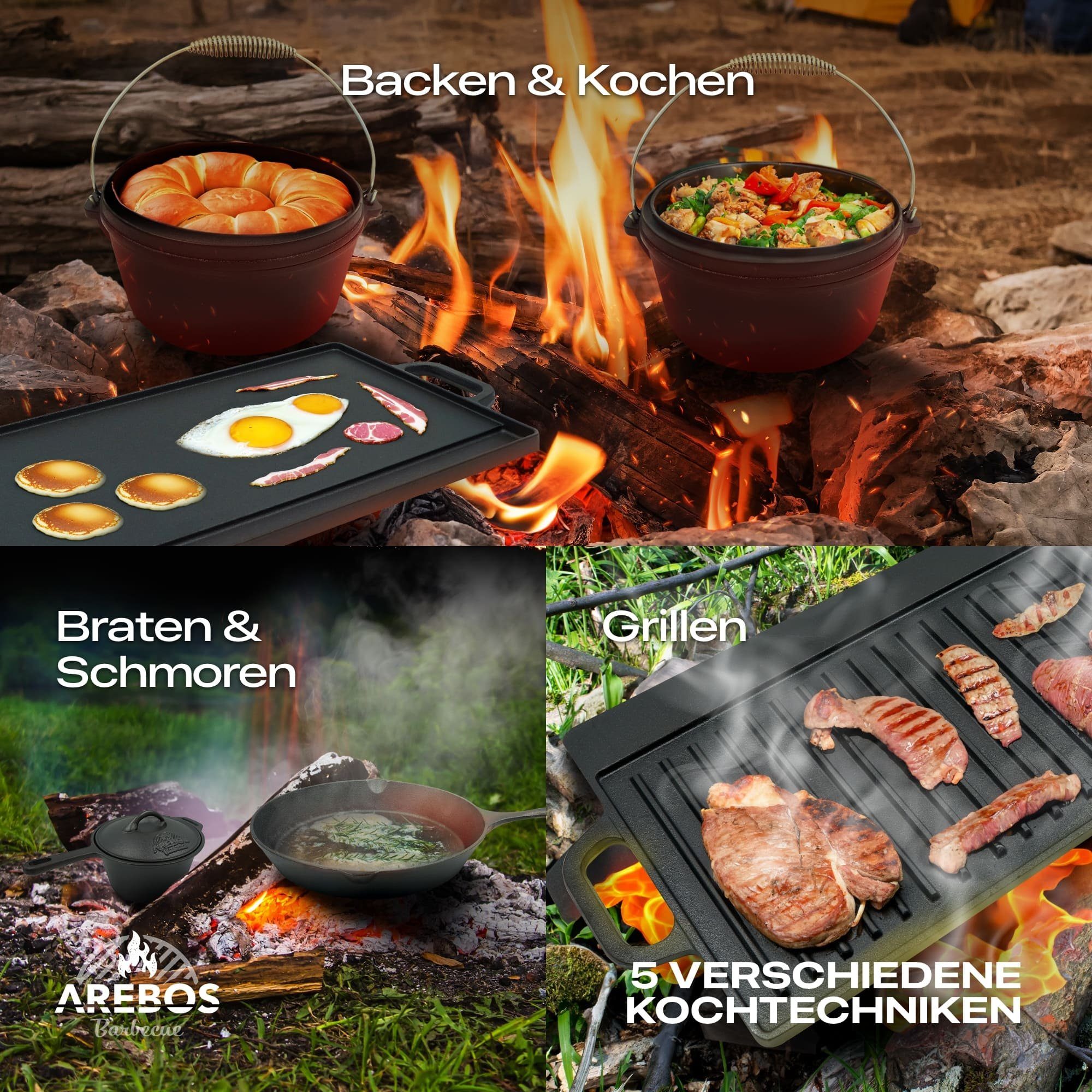 Arebos Topf-Set Dutch Over BBQ Set aus Gusseisen Feuertopf Schmortopf, Gusseisen (Set) – Bild 5 von 5
