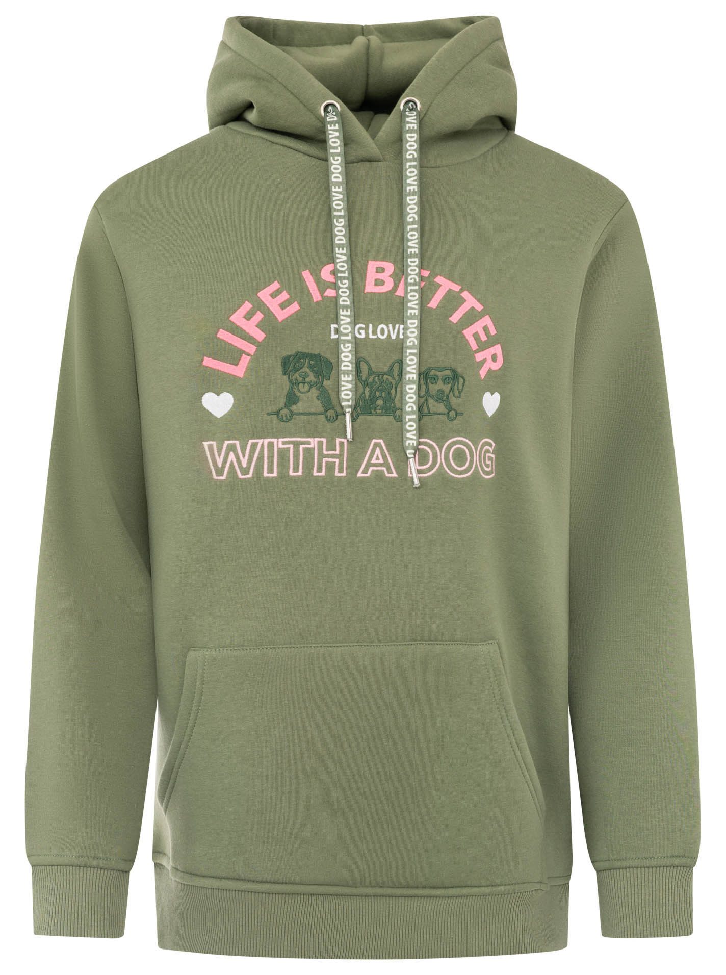 Zwillingsherz Hoodie "Better with a Dog" gestickte Hunde und Slogan, Kapuze mit Kordel, Kängurutasche