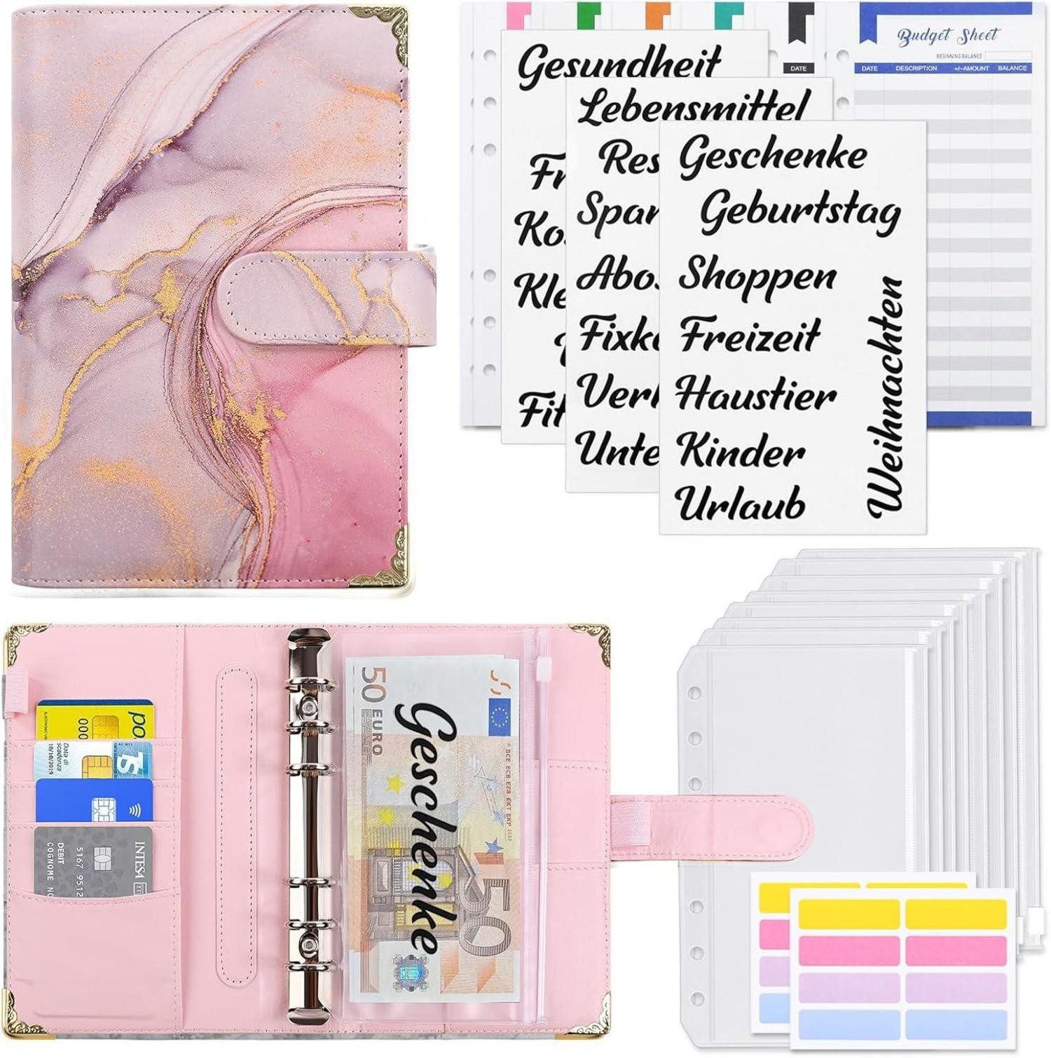 LuxusKollektion Notizbuch Budget Planner A6 in Rosa, Geldplaner mit Geldumschlägen