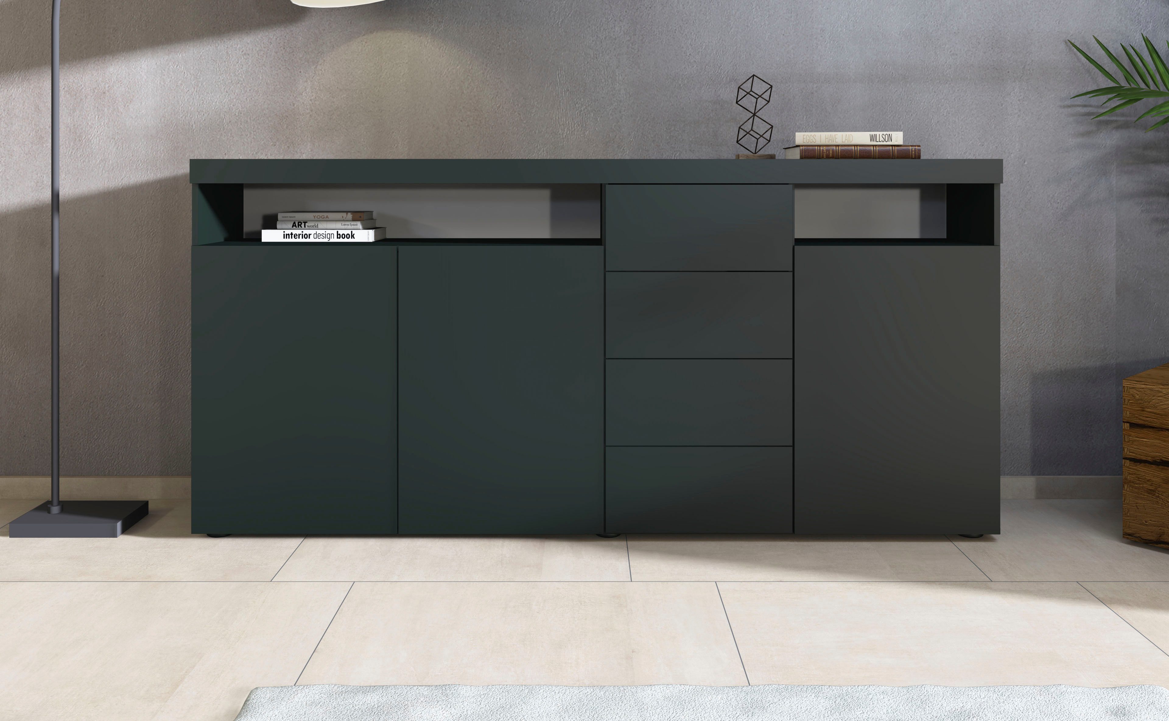 borchardt Möbel Highboard Kapstadt, Breite 200cm, Kommode mit Drucköffner, Türen, Schubladen, offene Fächer, viel Stauraum, praktisch, modern