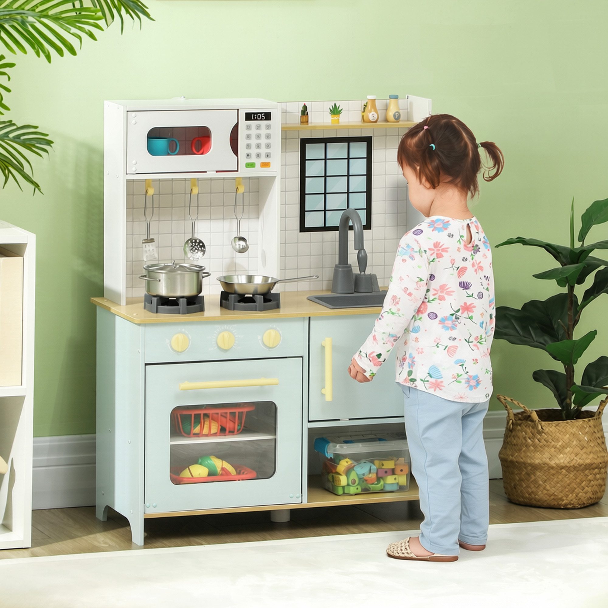 AIYAPLAY Spielküche Kinderküche mit Mikrowelle, Spielzeugküche mit Stauraum MDF, Edelstahl, für 3+ Jahre Kinder, Blau