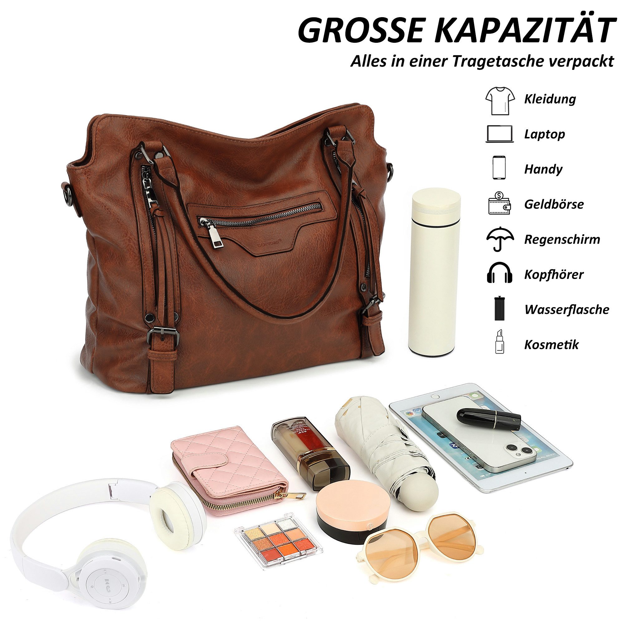 TAN.TOMI Handtasche Damen Shopper - Set Schultertasche Henkeltasche Umhängetasche, Mit abnehmbarem Schultergurt für Büro Schule Einkauf Reise – Bild 4 von 5