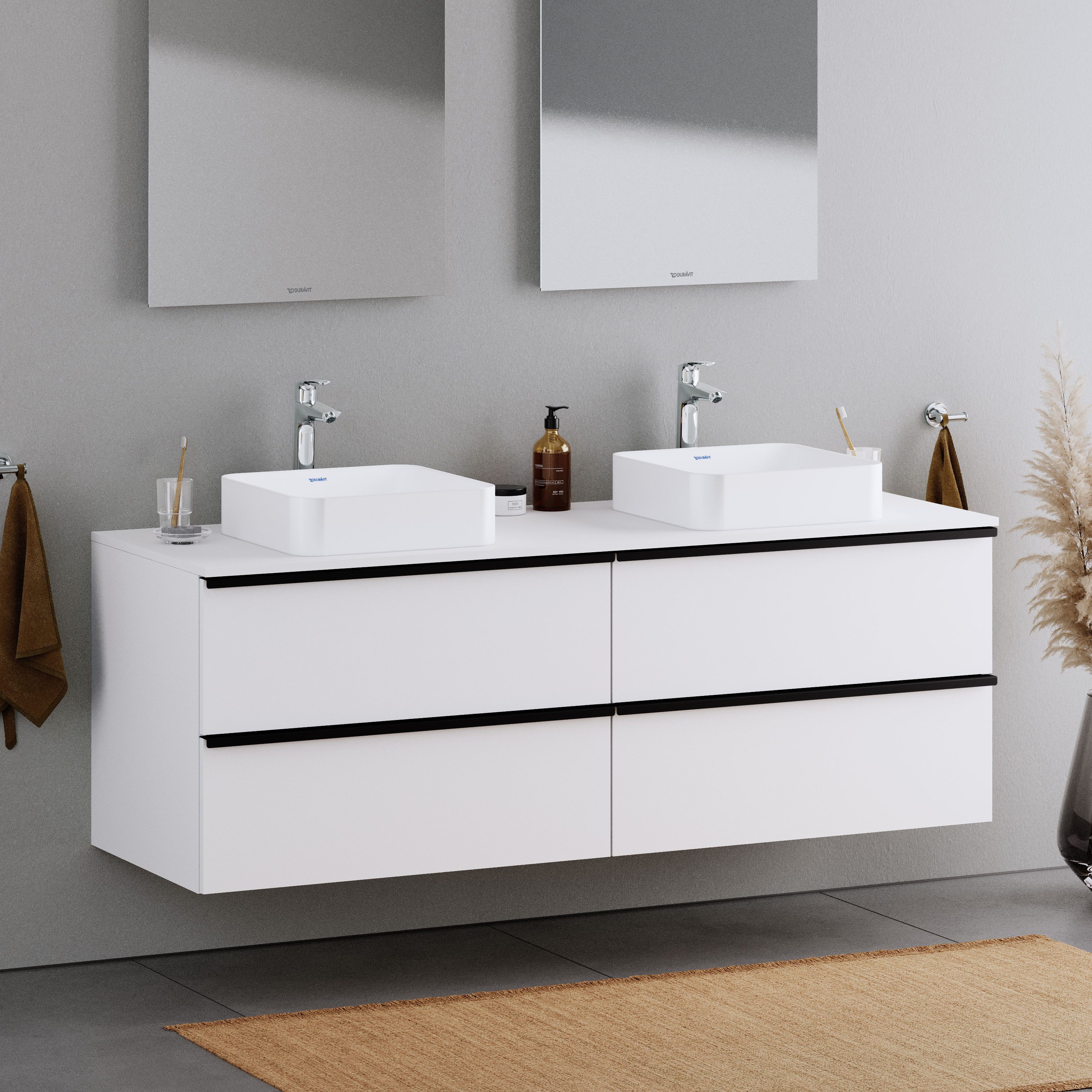 Duravit Waschbeckenunterschrank DuraPoint Weiß matt 160cm Waschtischunterschrank für Aufsatzbecken 4 Auszüge Griffleiste schwarz