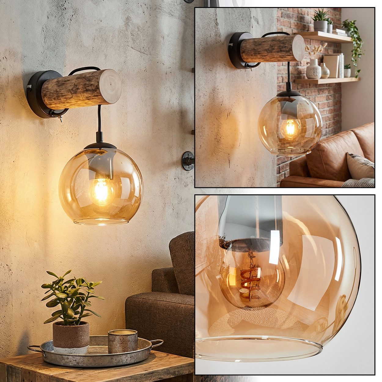 hofstein Wandleuchte Wandlampe aus Metall/Holz/Glas in Schwarz/Natur-/Bernsteinfarben, moderne Wandleuchte im Retro-Design (15cm), Schalter am Gehäuse, E27
