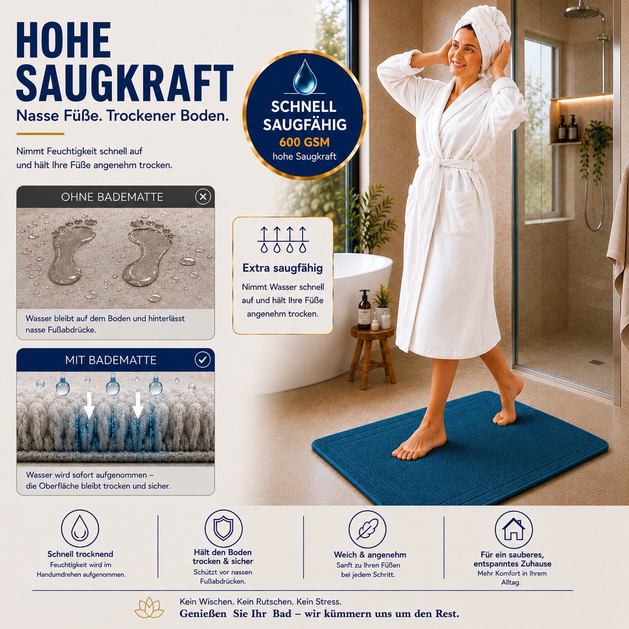 Komfortec Badematte 2er Badetuch Set aus 100% Baumwolle 50x70 cm Extra Weich & Saugstark, Rechteckig, 600 g/m² – Bild 2 von 5