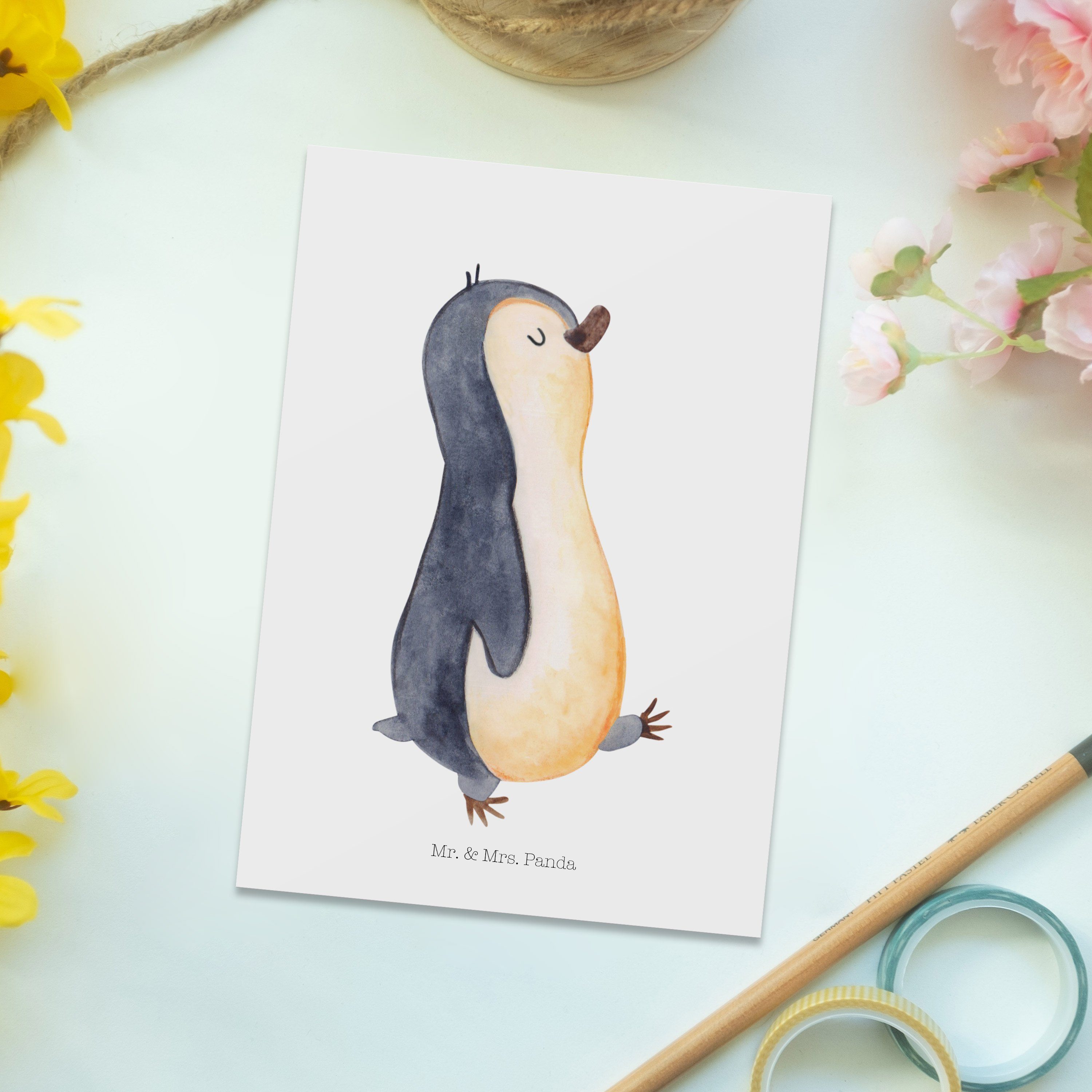 & marschierend Kar - Postkarte - Weiß Mrs. Pinguin spazieren, Geschenk, Mr. Panda Ansichtskarte,