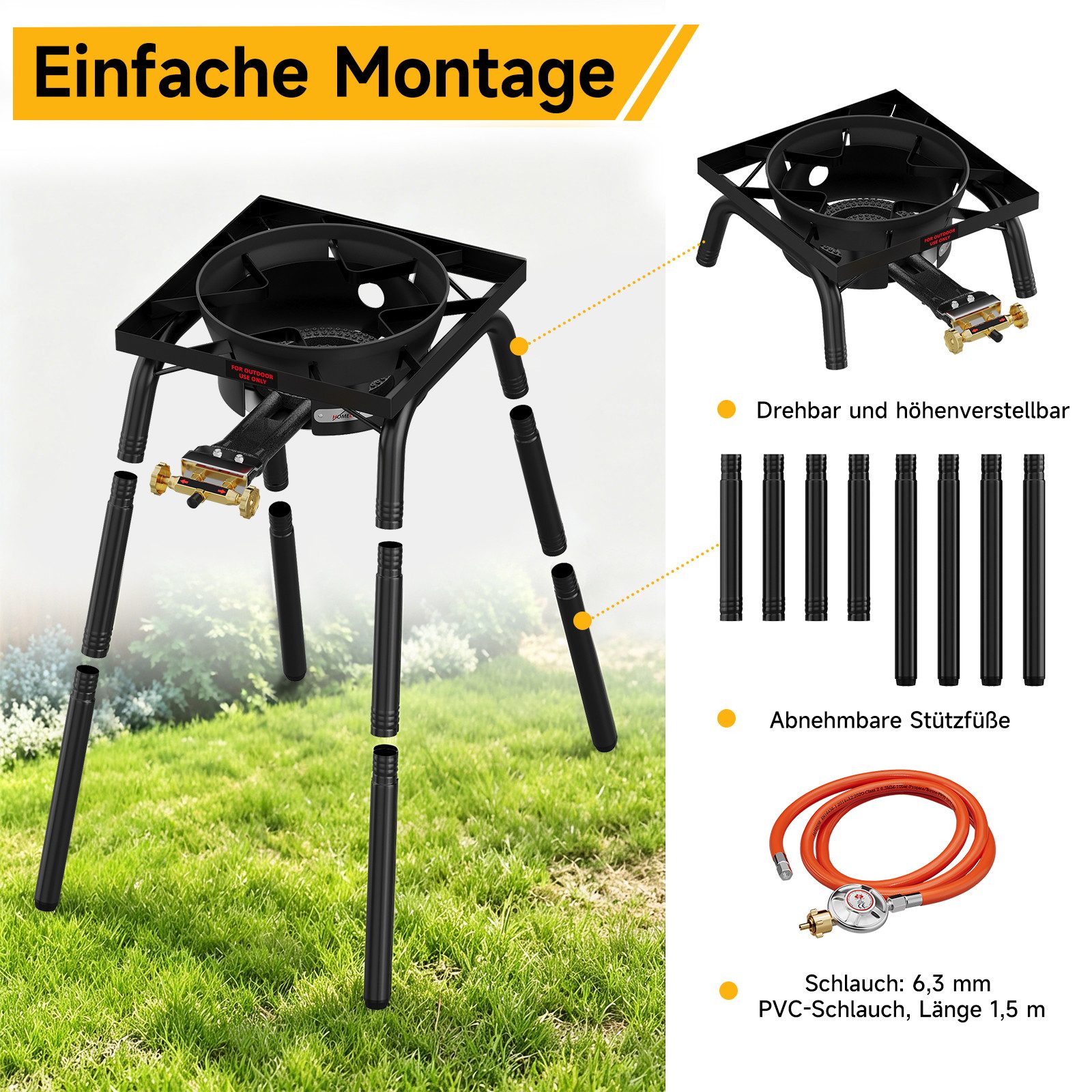 HOMELUX Gaskocher Hockerkocher 11,5 kW Gas mit Piezozündung, (3-St., mit Schlauch 150 cm und 700 mbar Gas Regler Druckminderer), 4 Bein Profi Gasbrenner Gusseisen für Camping Räucheröfen Wok Kocher