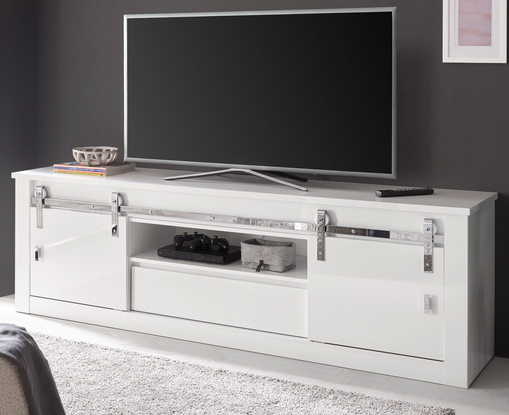 Furn.Design Lowboard Miami (Flat-TV Unterschrank in Weiß Hochglanz, 201 x 66 cm), mit Soft-Close und Schiebetüren