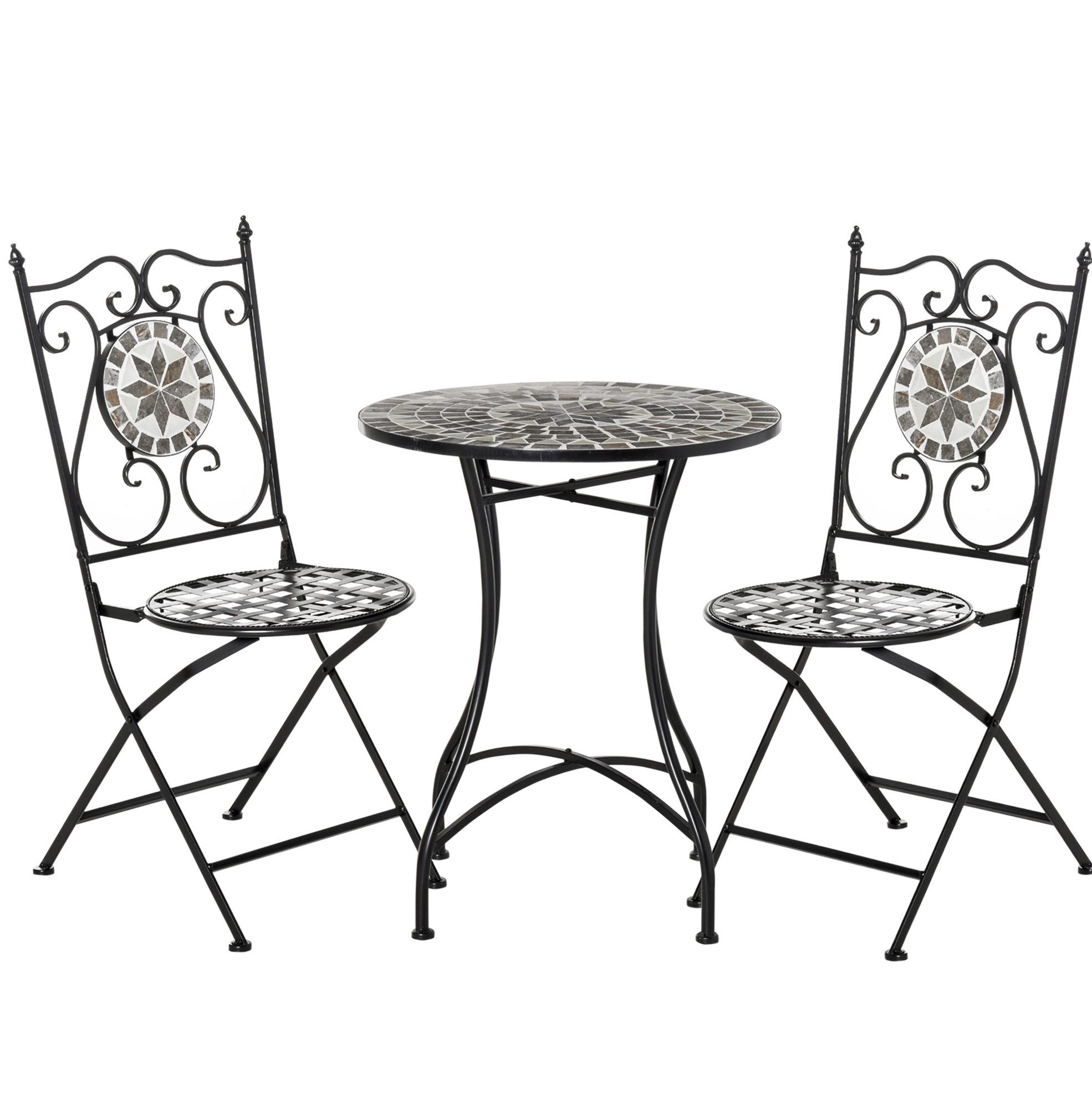 MODFU Sitzgruppe Ø60x71 cm 2-Sitzer Garten Sitzgruppe mit dekorativem Mosaiktisch, (Set, 3-tlg., Balkonmöbel-Set mit faltbaren Stühlen aus Metall), Mehrfarbiger Tisch mit Keramikfliesen für Garten & Terrasse