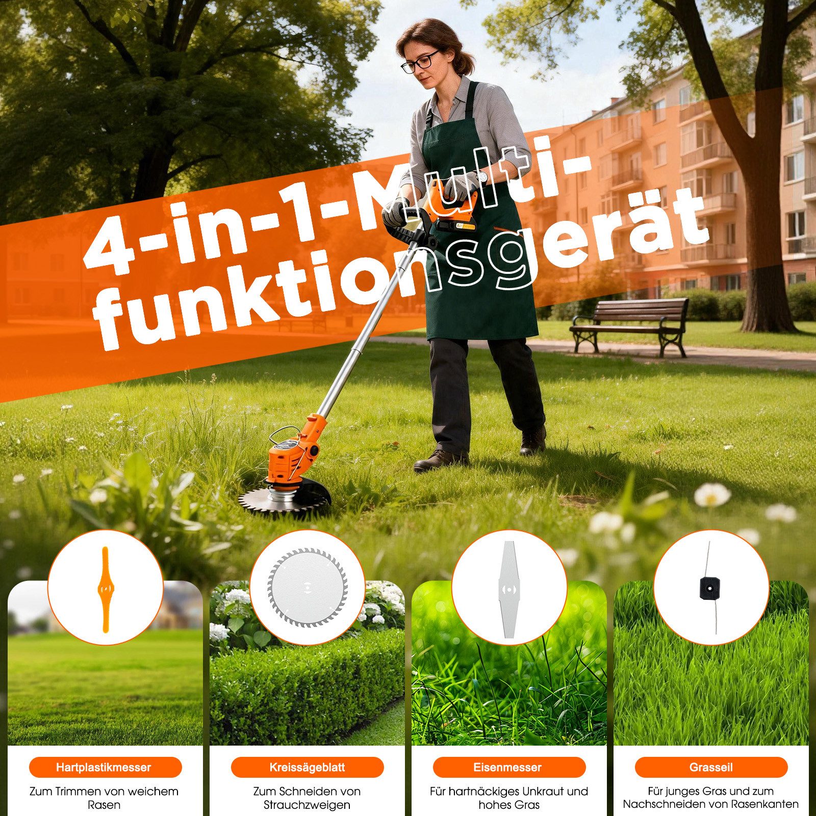 OUTIGO Akku-Rasentrimmer Akku Rasentrimmer, 2 Akkus und 4 Messertypen, (Set), Akku Rasentrimmer Akkurasenmäher