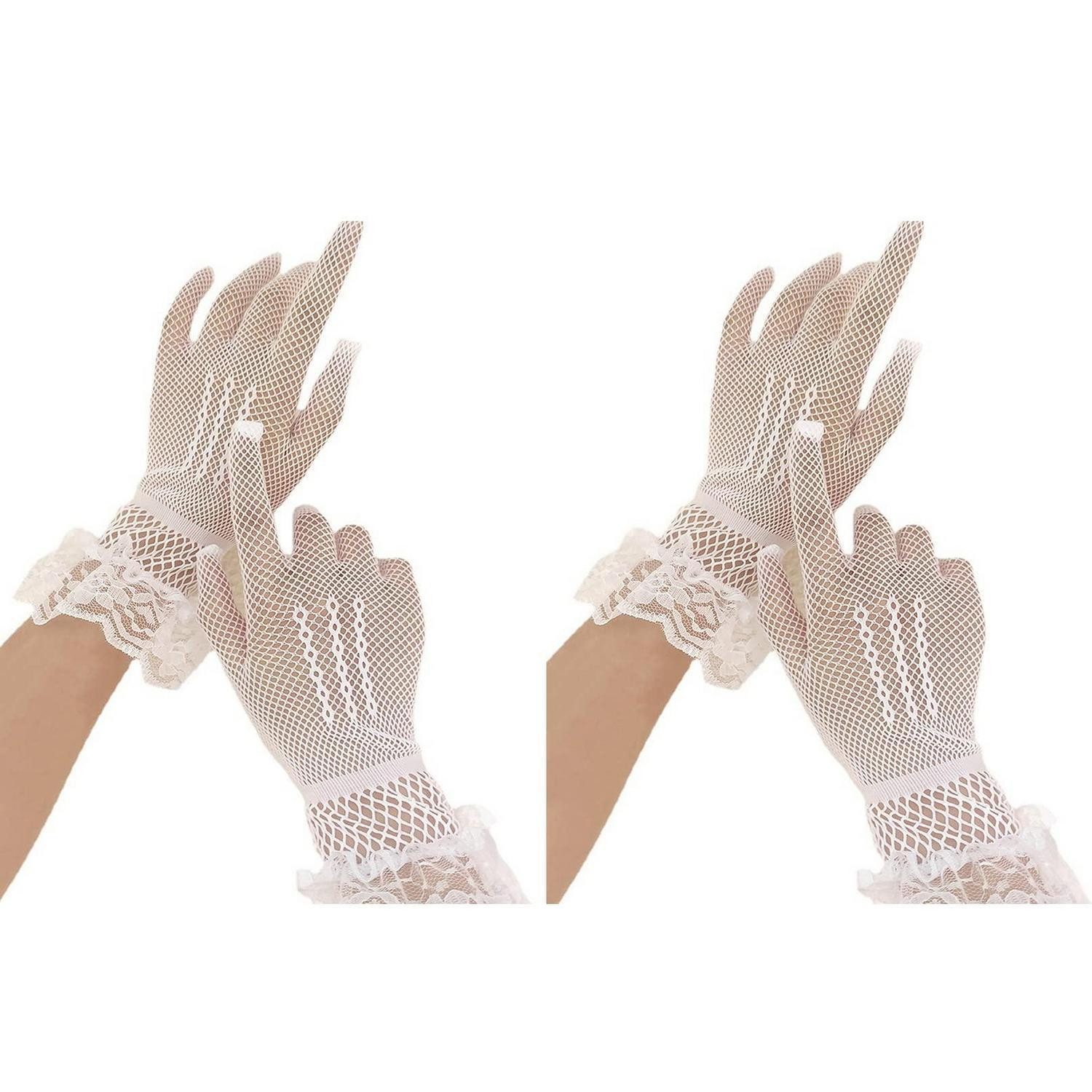 LuxusKollektion Abendhandschuhe Netzhandschuhe Damen Kurz Spitze Weiss/Schwarz 2 Paar (2-St)