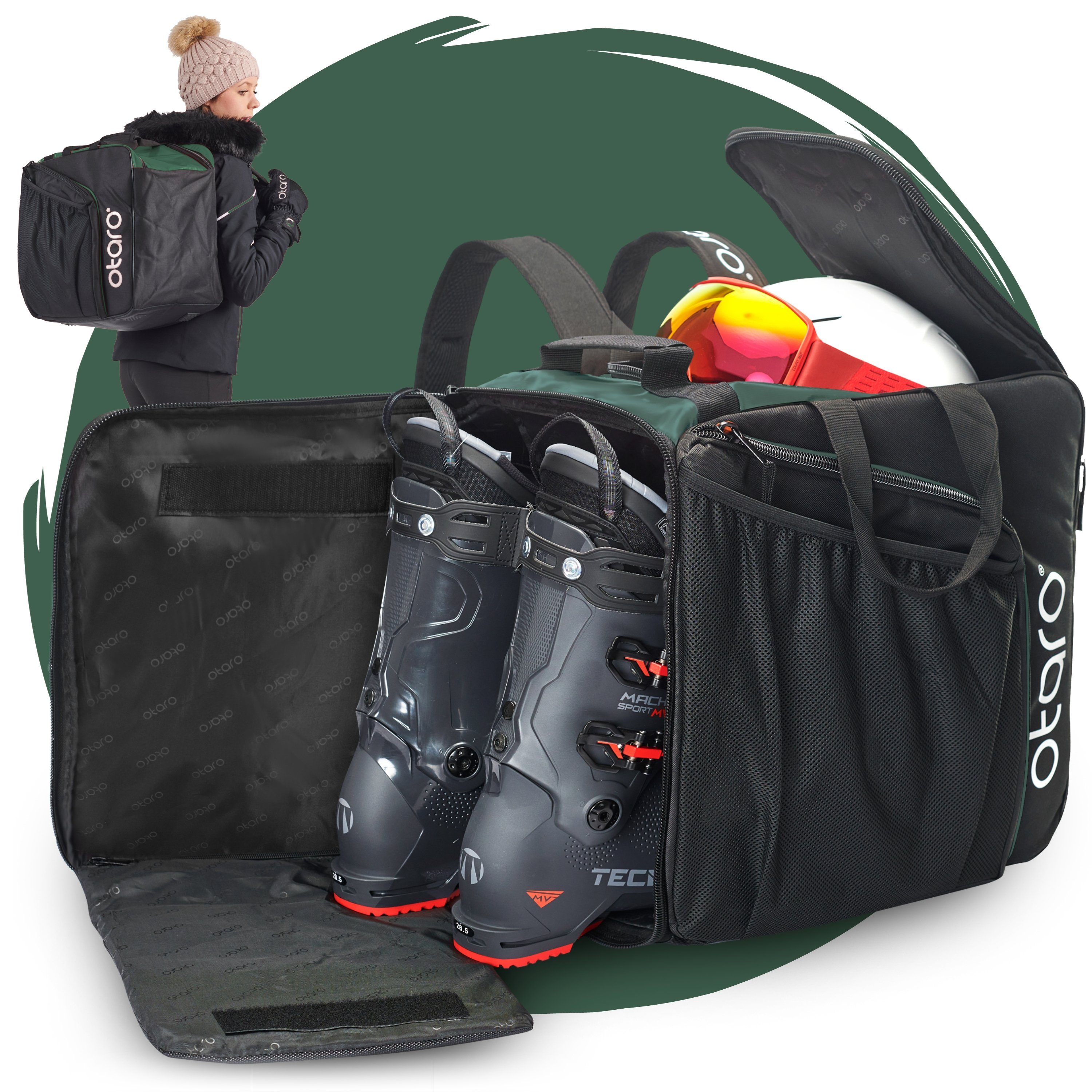 Otaro Sporttasche Skischuhtasche mit Helmfach & bequemen Rucksackträger, Pro 57L (Schutz für deine Ausrüstung, Perfekt durchdacht, ausklappbare Standfläche, für Skifahrer & Boarder) Schwarz Tannengrün