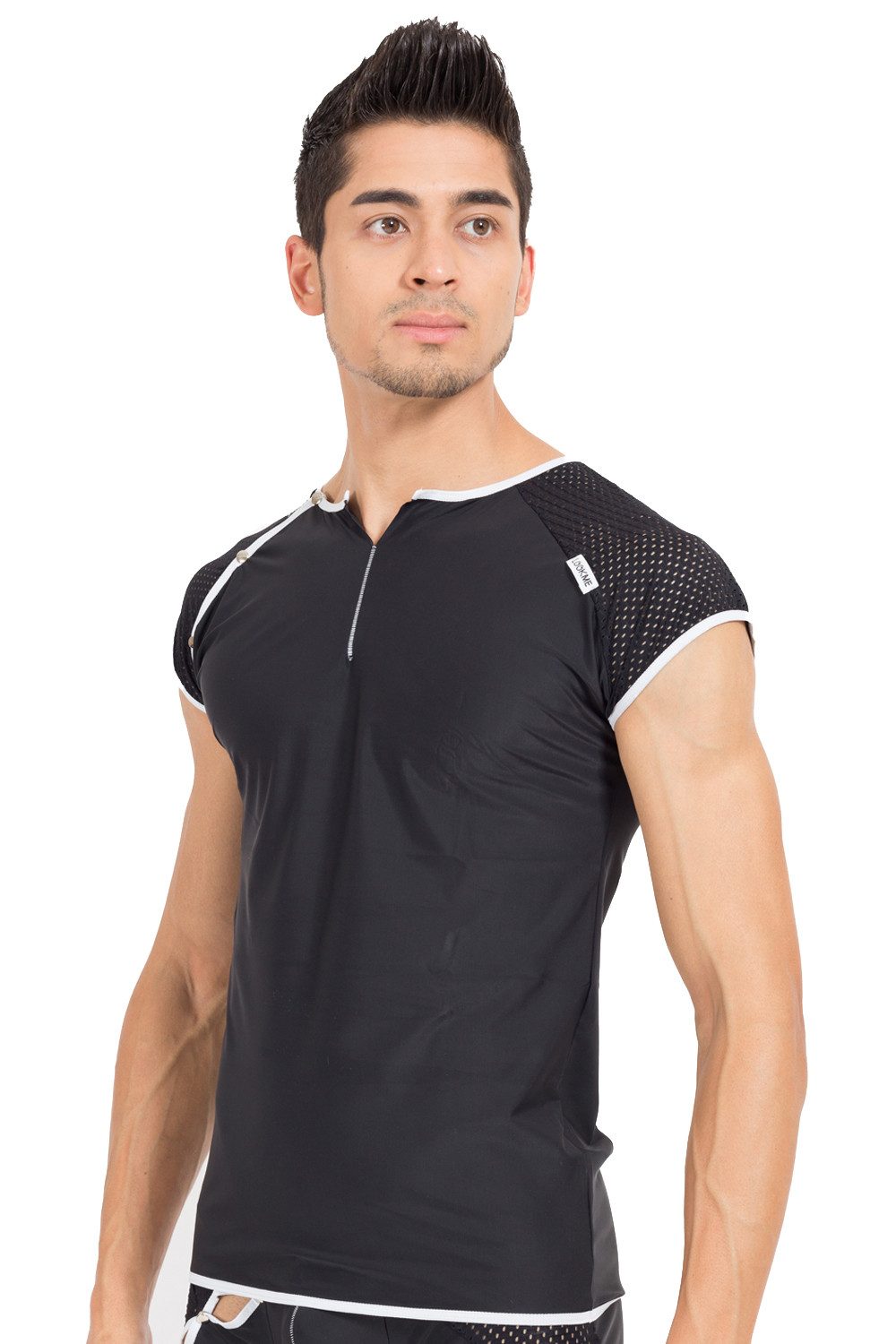 Netzshirt Schwarz/weißes Herren V-Shirt dehnbar, luftig und weich Herren Shirt m