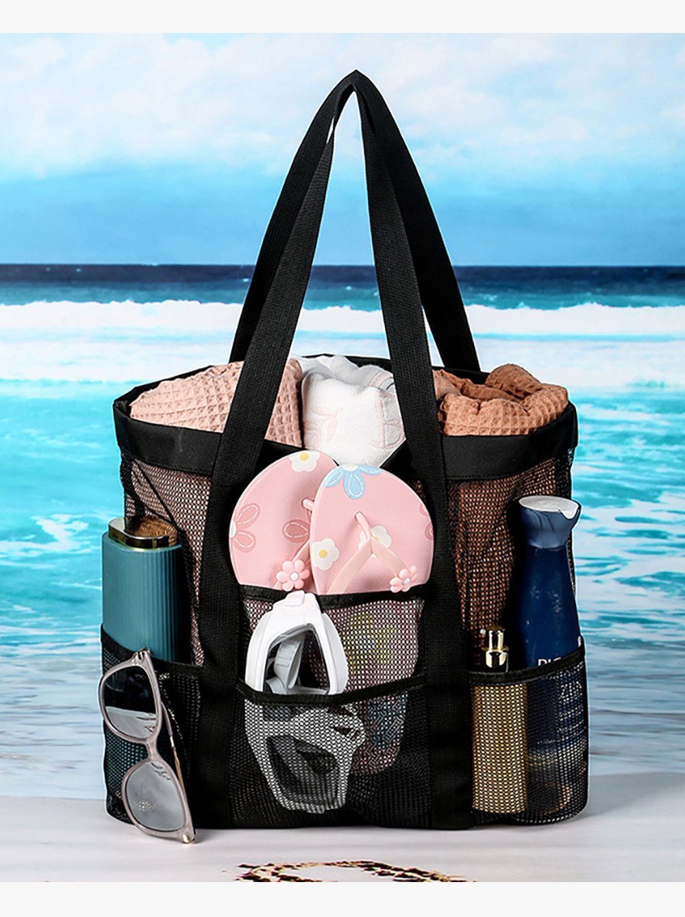axy XL-Strandtasche Duschtasche, Multifunktionale Strandtasche aus Mesh, Faltbar, Tragbar, Leicht