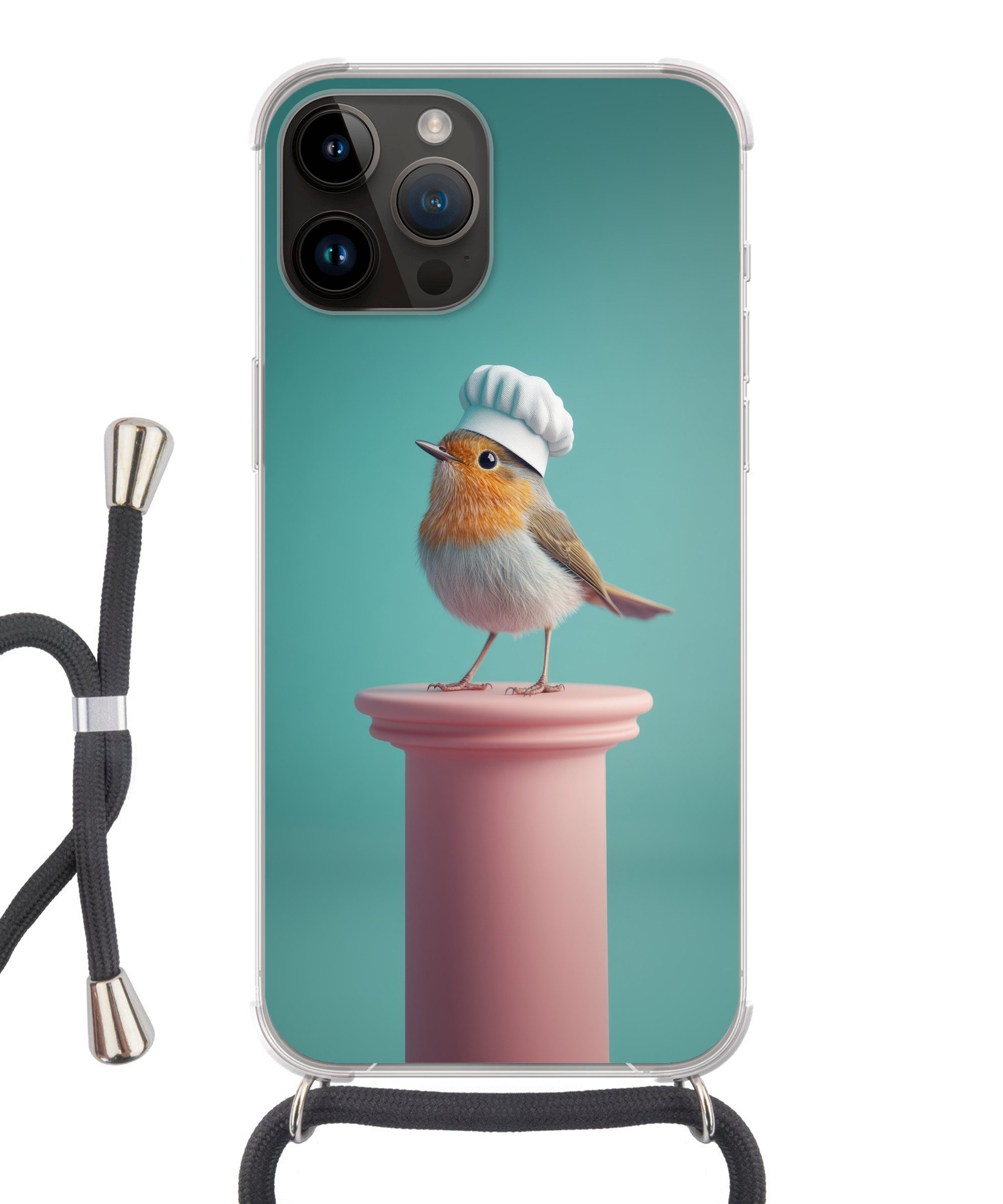 MuchoWow Handyhülle für Apple iPhone 14 Pro Max Rotkehlchen - Vogel - Kochmütze - Sockel, Tragbare Handyhüllen mit Kette zum umhängen, Handykette Handyband