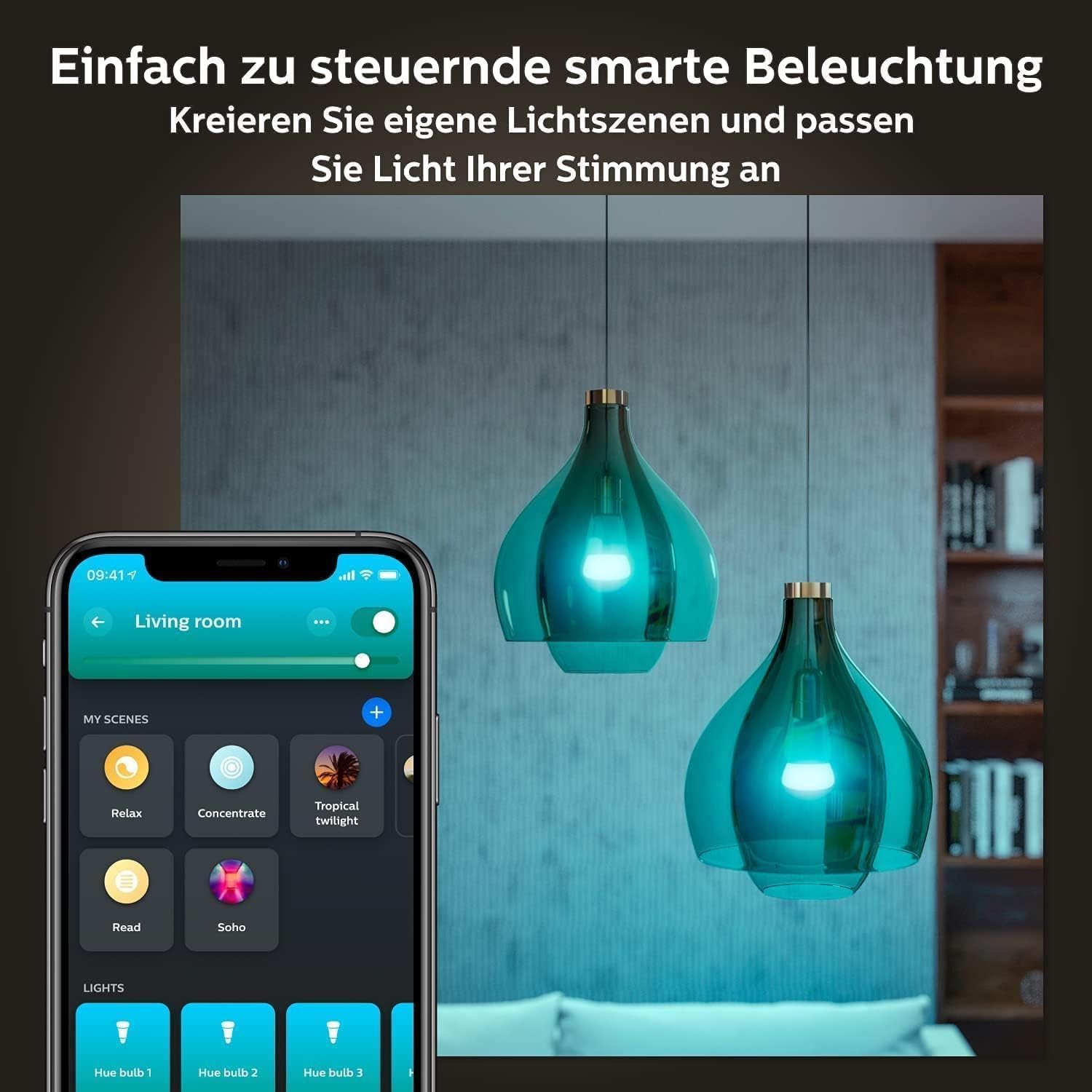 Philips LED-Leuchtmittel Philips Hue White & Color Ambiance Starter Set 1100lm 2er + Bridge, Starter-Set mit 16 Mio. Farben, App- & Sprachsteuerung