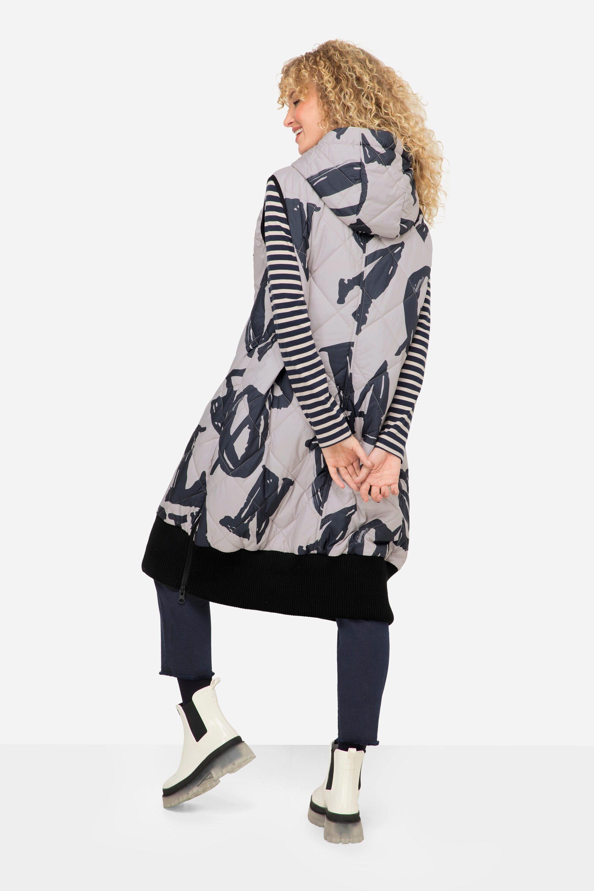 Laurasøn Steppweste Steppweste lange Form Print Kapuze 2-Wege-Zipper