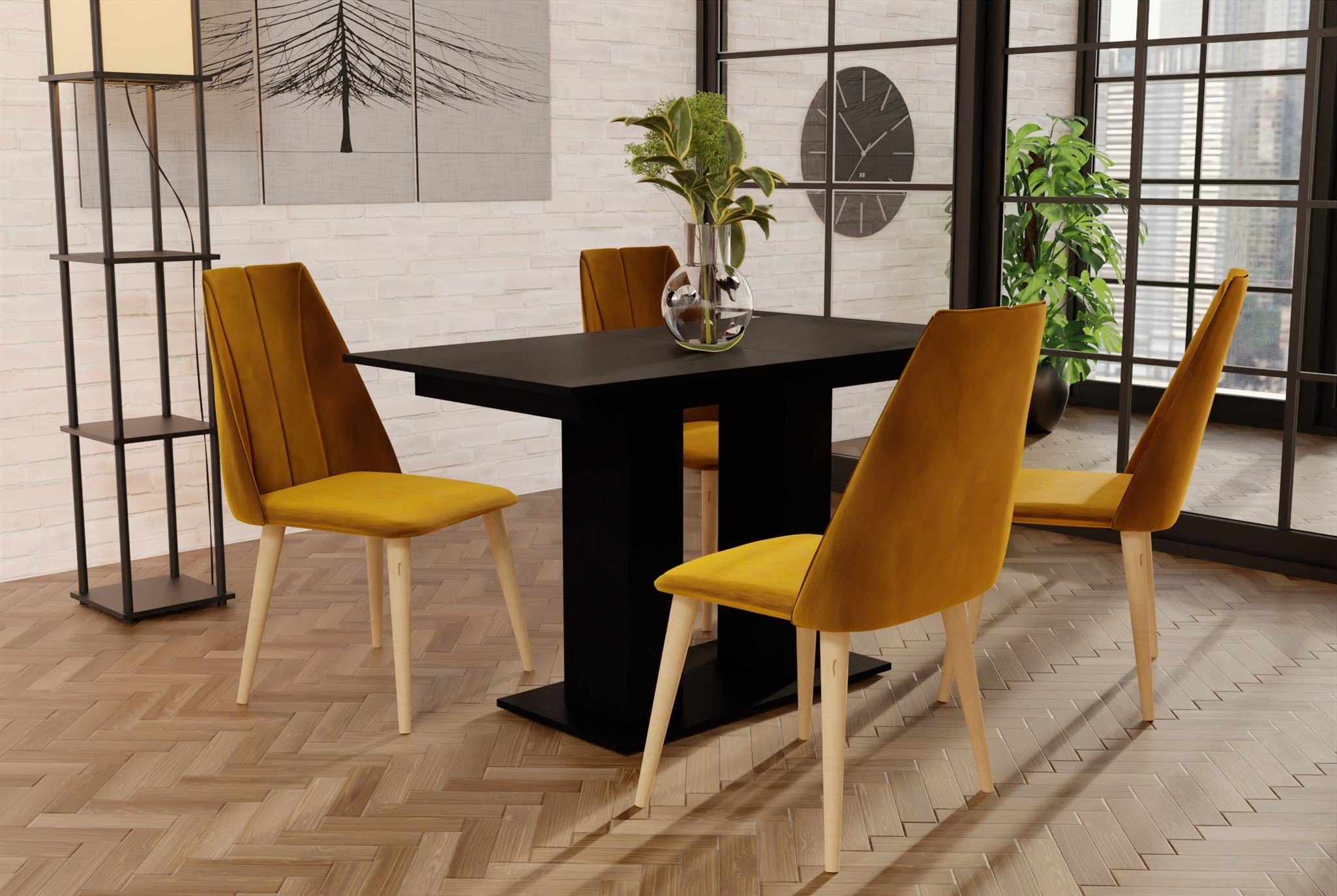 Fun Möbel Essgruppe (5-tlg), DANTE ausziehbarer matt, Stühlen Gelb und Tisch CAROS Schwarz 4 mit Tisch Essgruppe